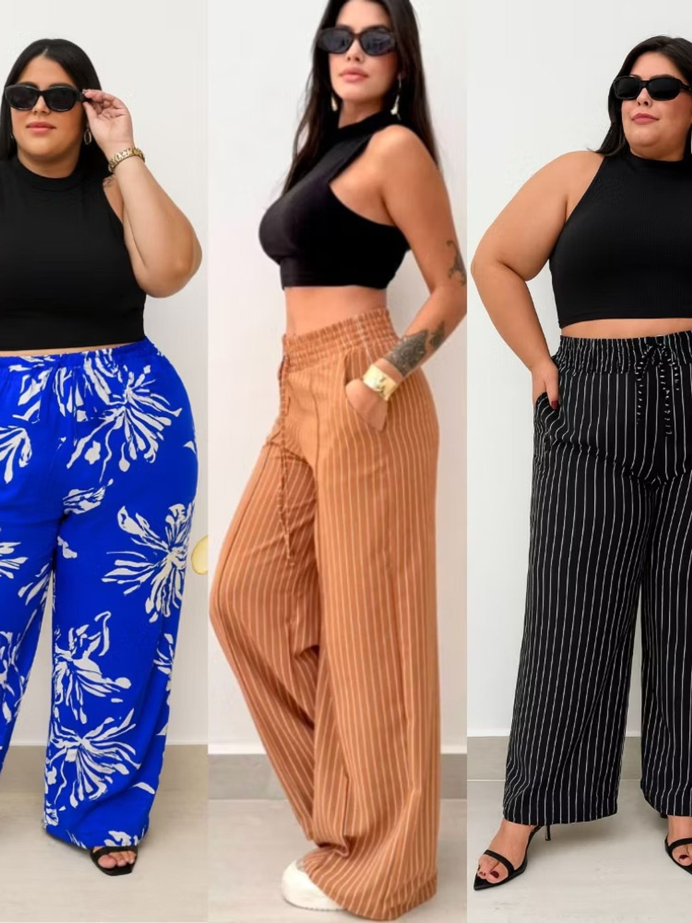 Calça Pantalona Estampada e Listrada M ao Plus Size