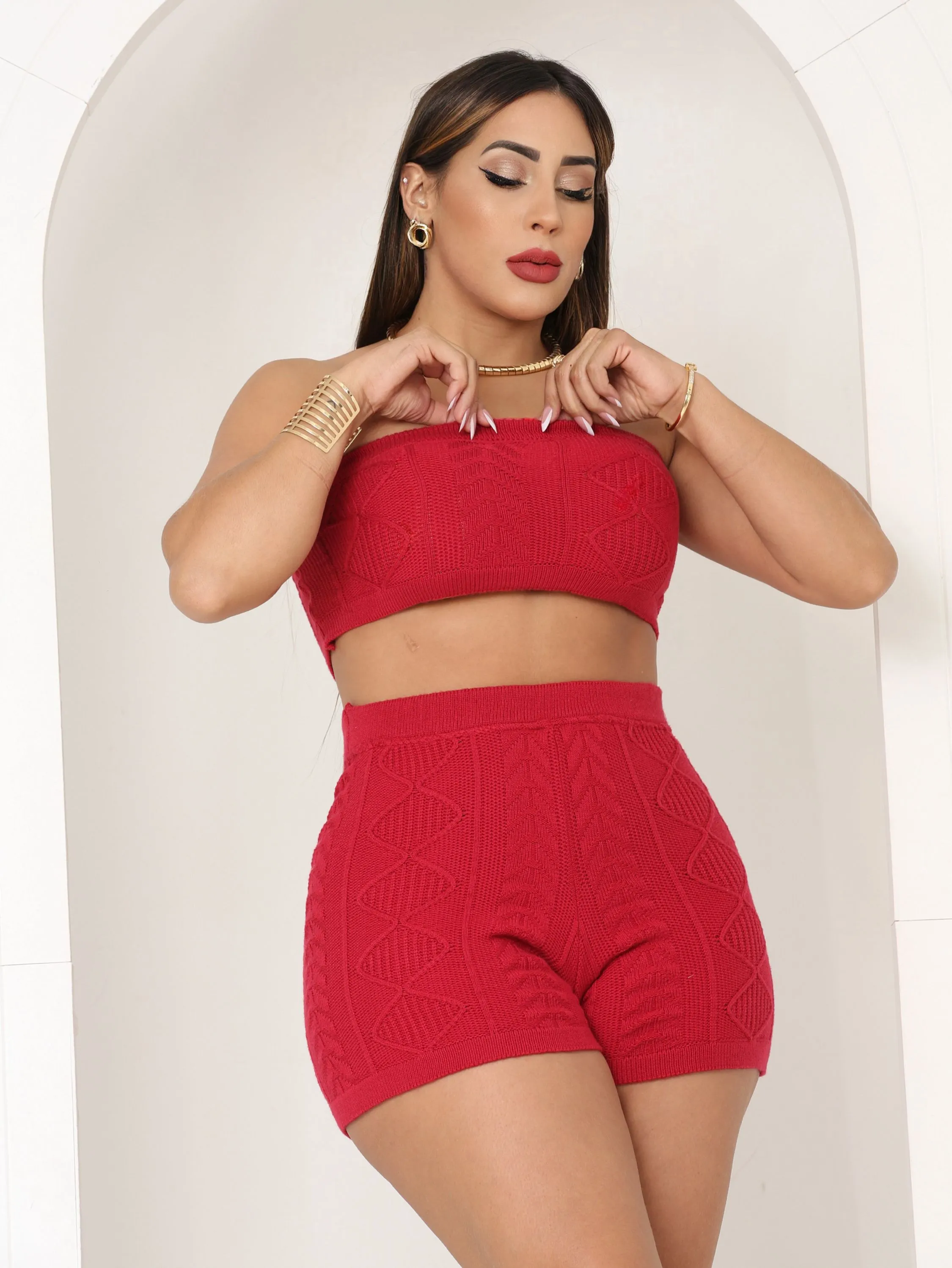 Conjunto Tricô Modal Antonella Short Top Cropped Festa Tendência