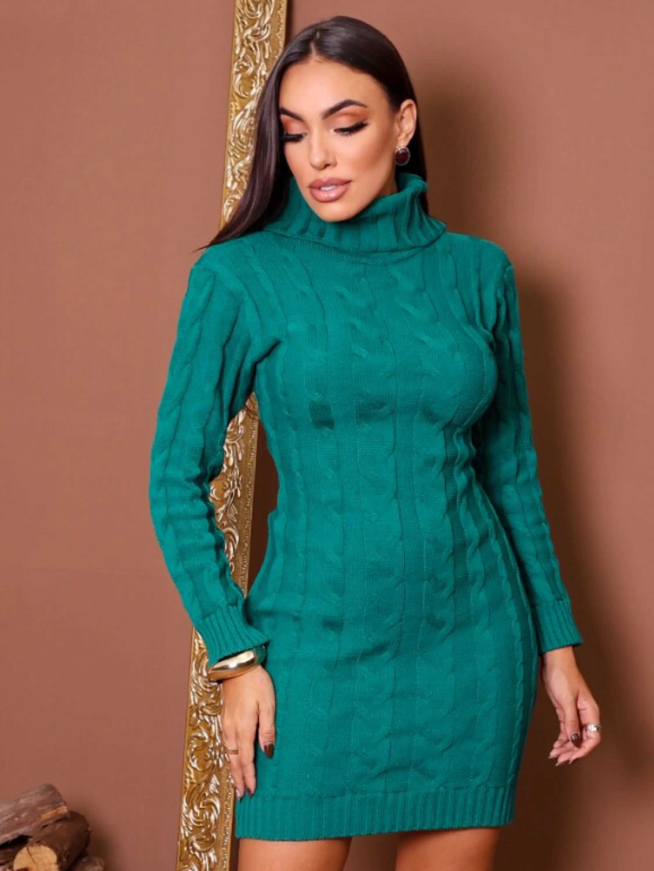 Vestido Tricot Manga Longa Inverno Trança Elegante