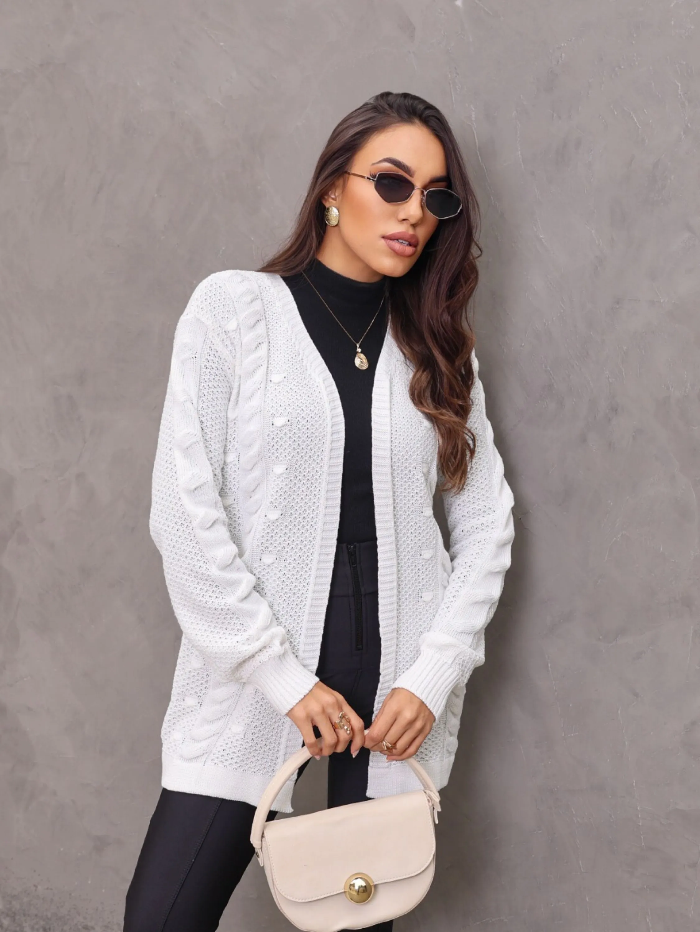 Cardigan Tricot Manga Longa Casual Feminino Detalhes Trança