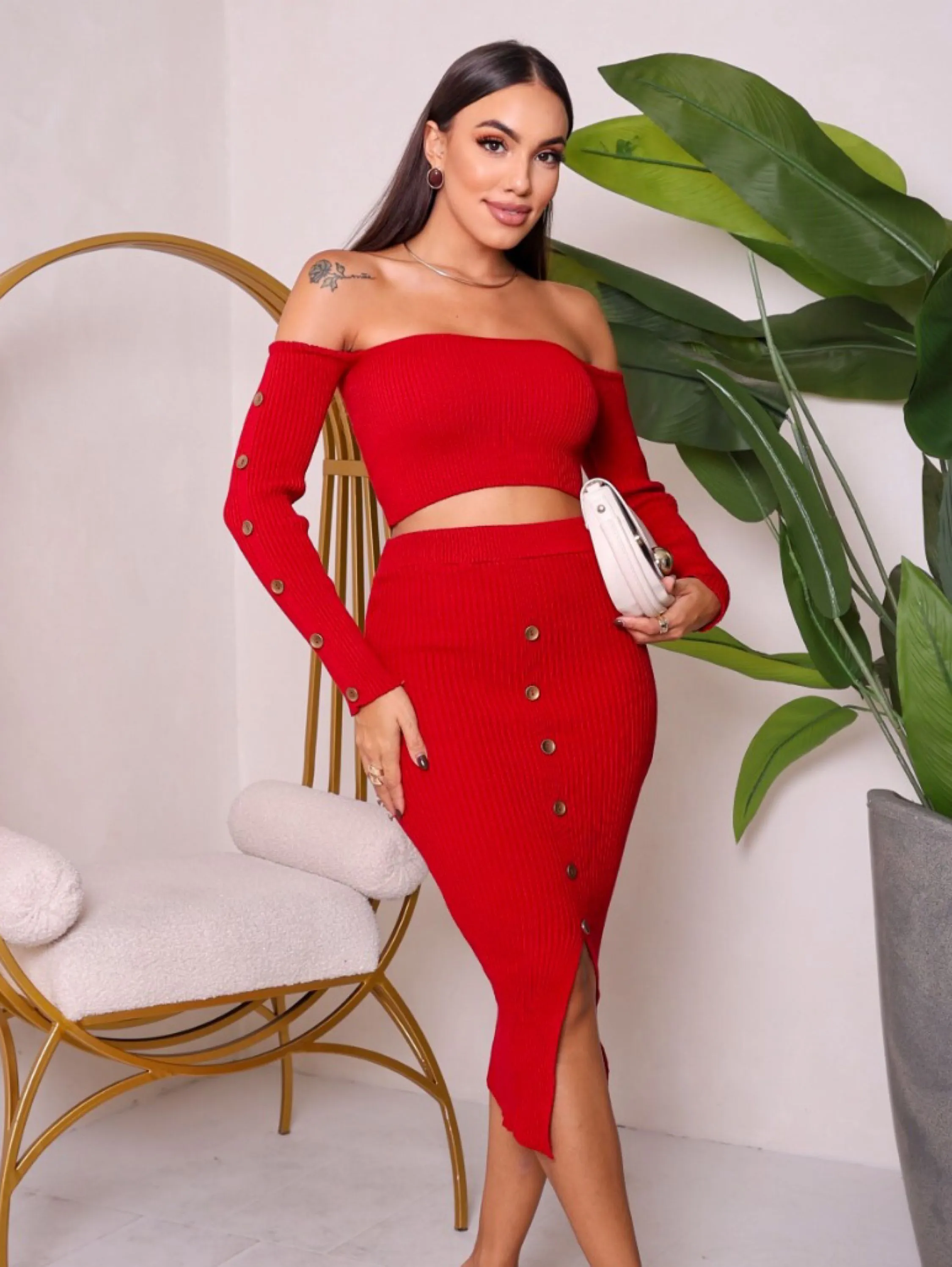 Conjunto Feminino Tricot Modal Saia Midi Cropped Ciganinha