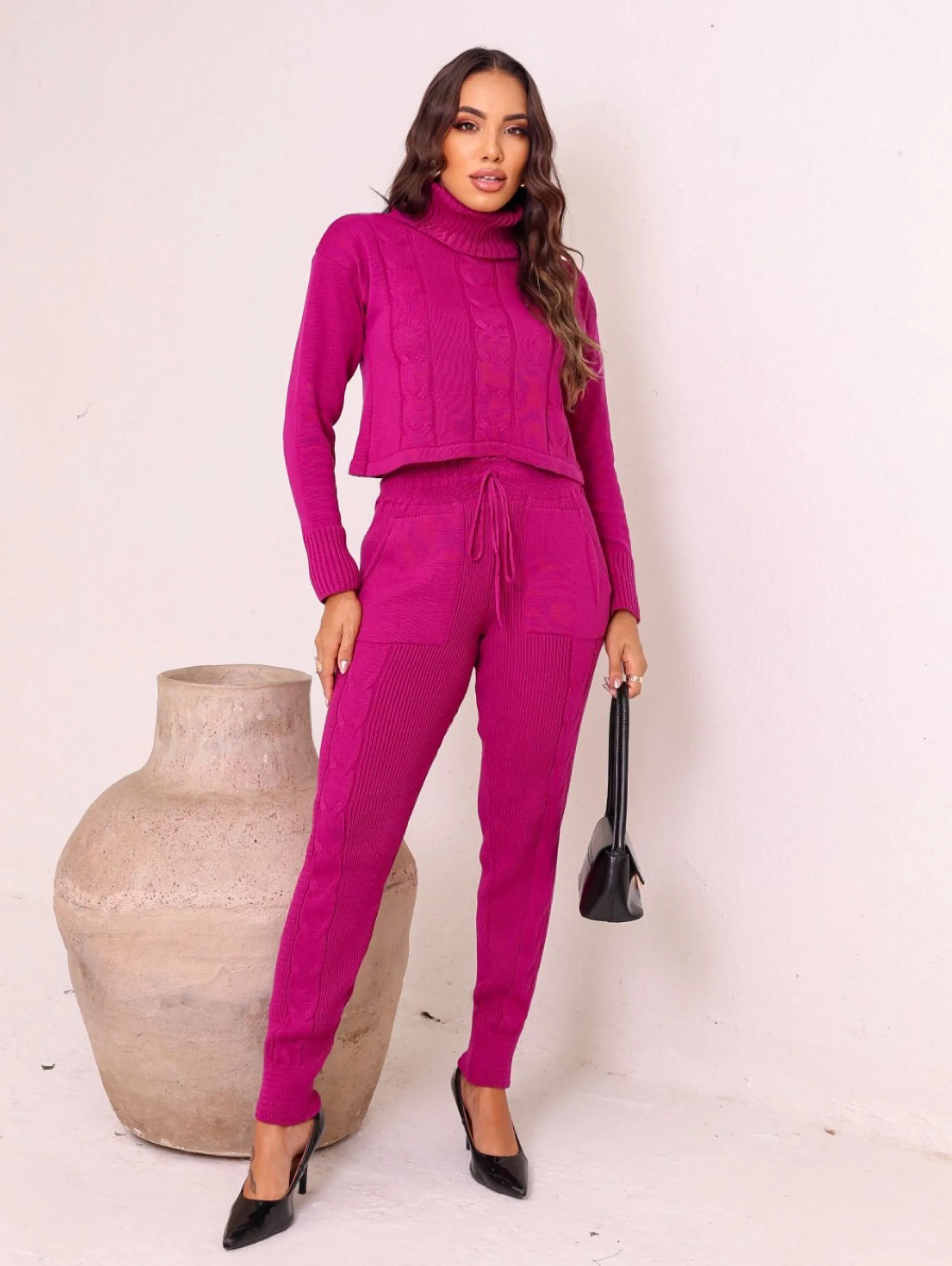 Conjunto Tricot Feminino Cropped Calça Regulagem Na Cintura