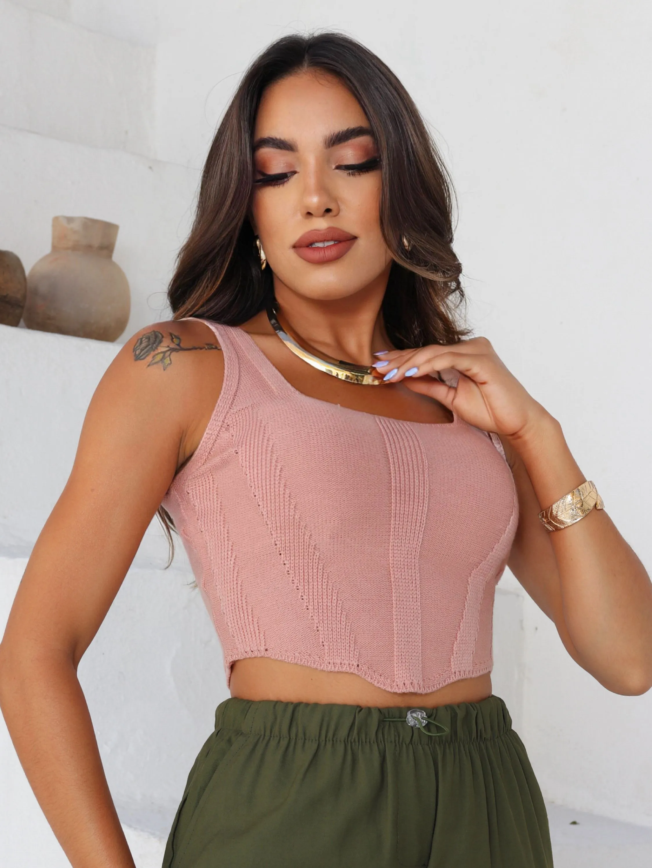 Cropped Tricô Modal Safira Regata Tendência Verão Casual