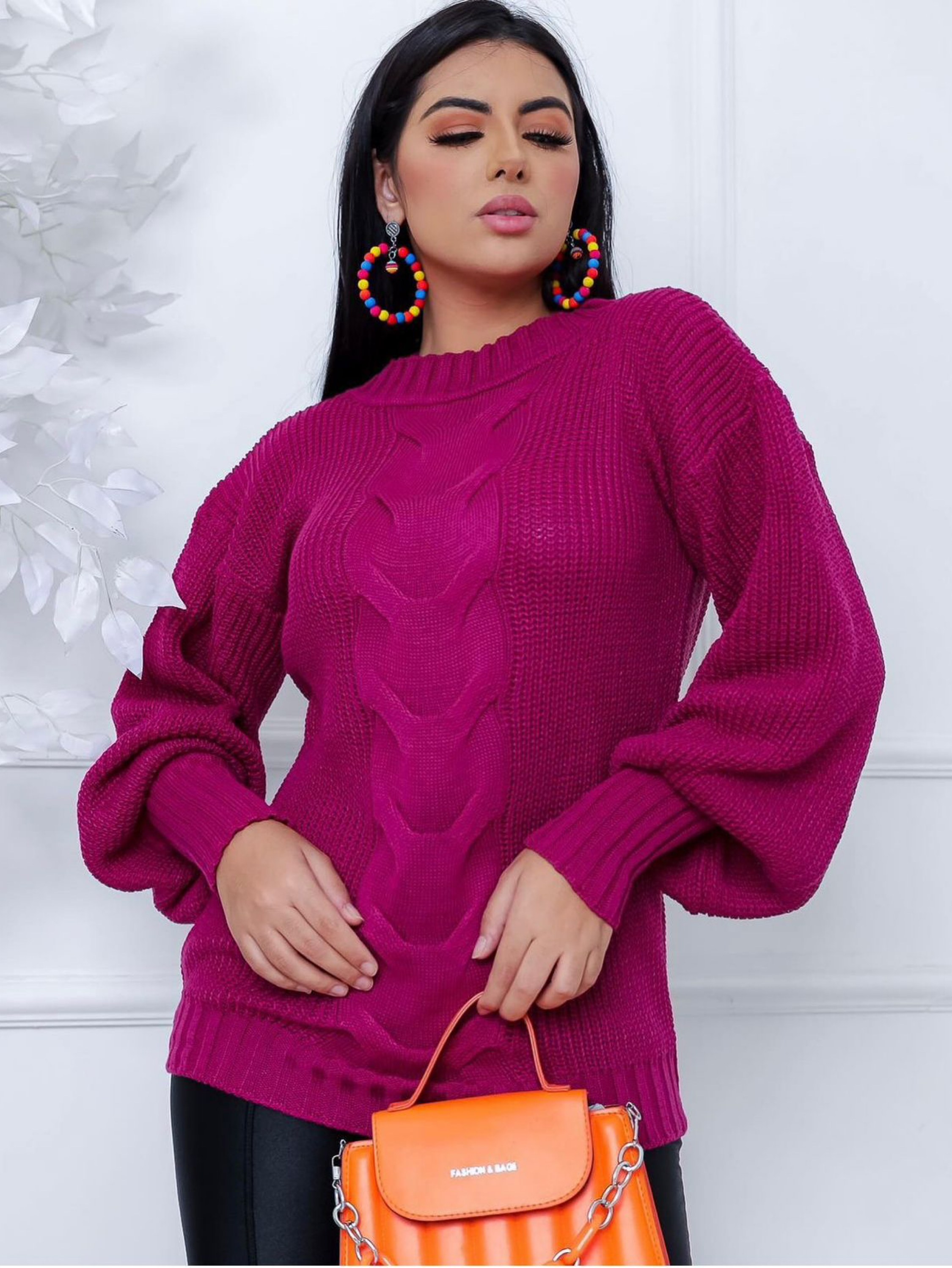 Blusa Tricot Manga Longa Bufante Trança Casual