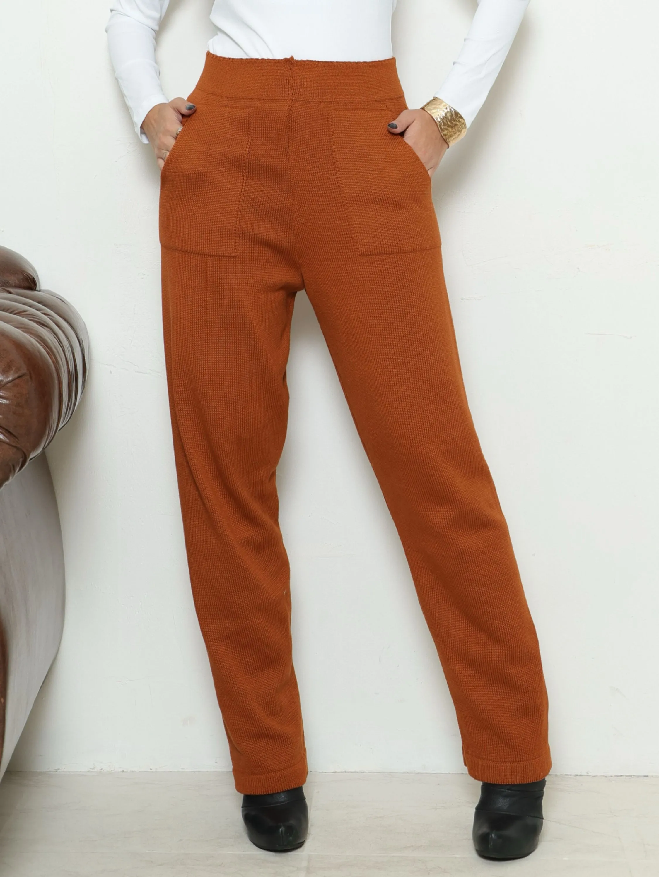 Calça Wide Leg Feminino Tricot Com Bolso Cintura Alta