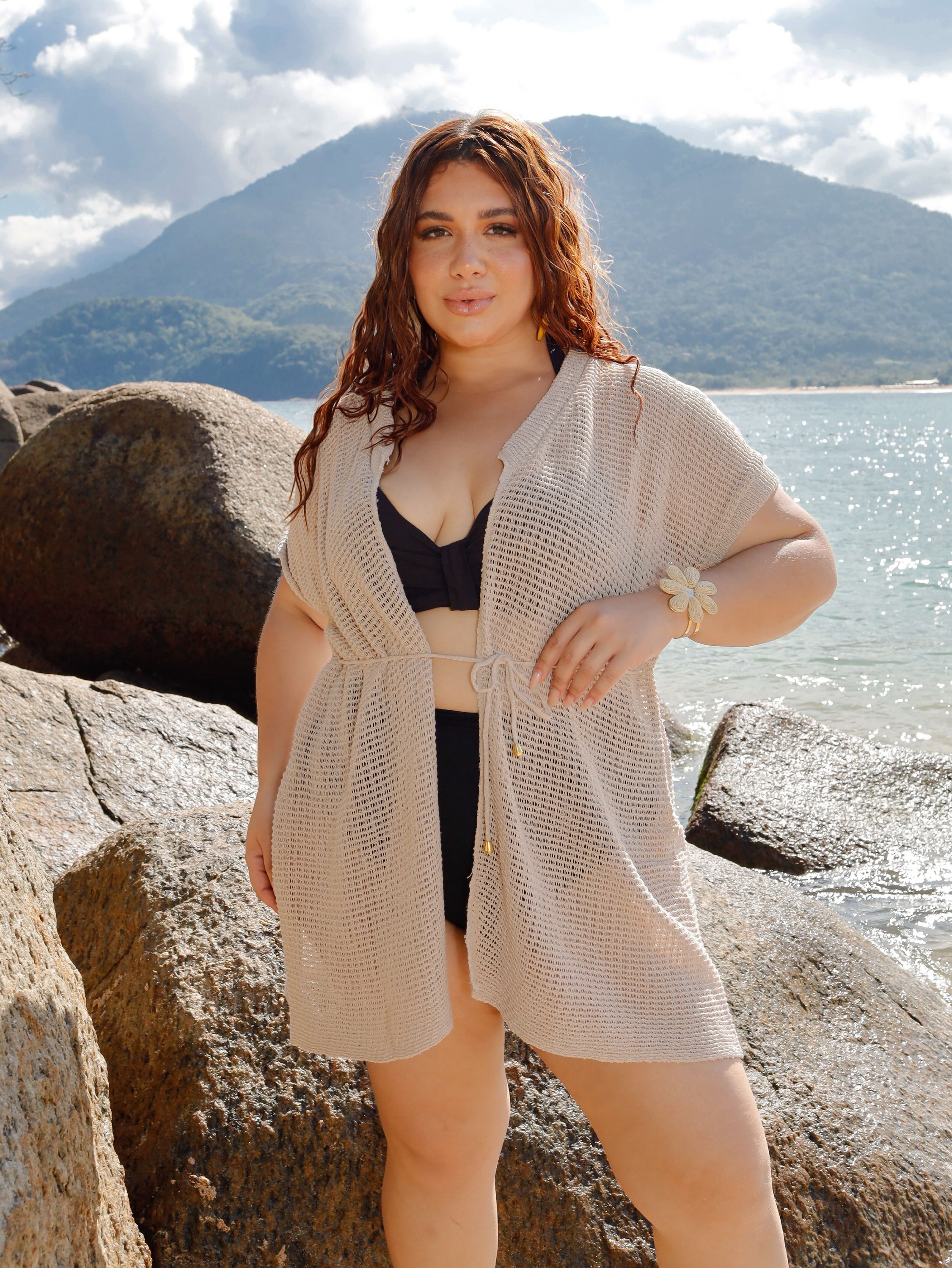 Saída de Praia Tricô Plus Size Colete Feminina Banho