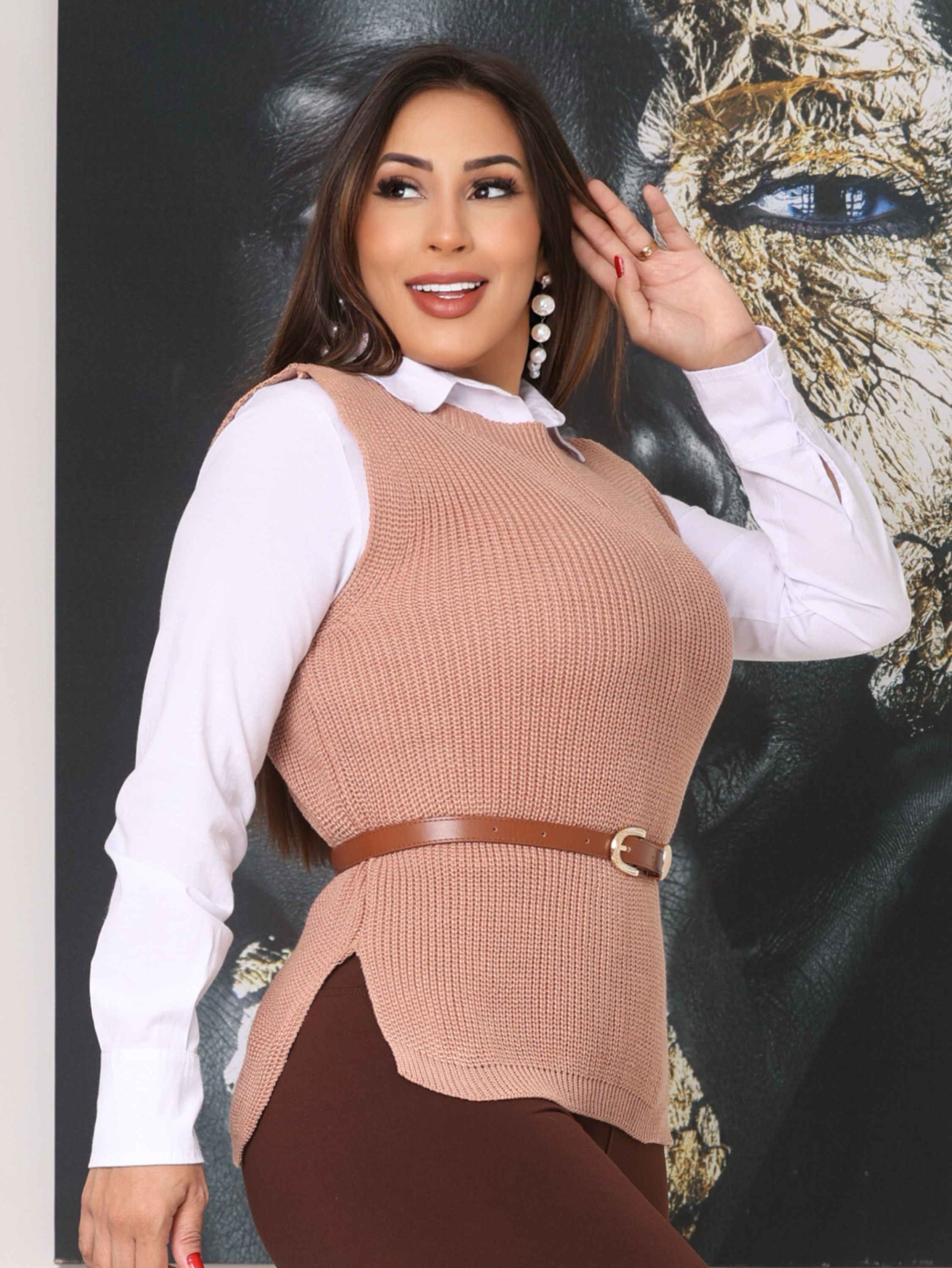 Colete Tricot Fenda Blusa Moda Feminina Estilo Elegante