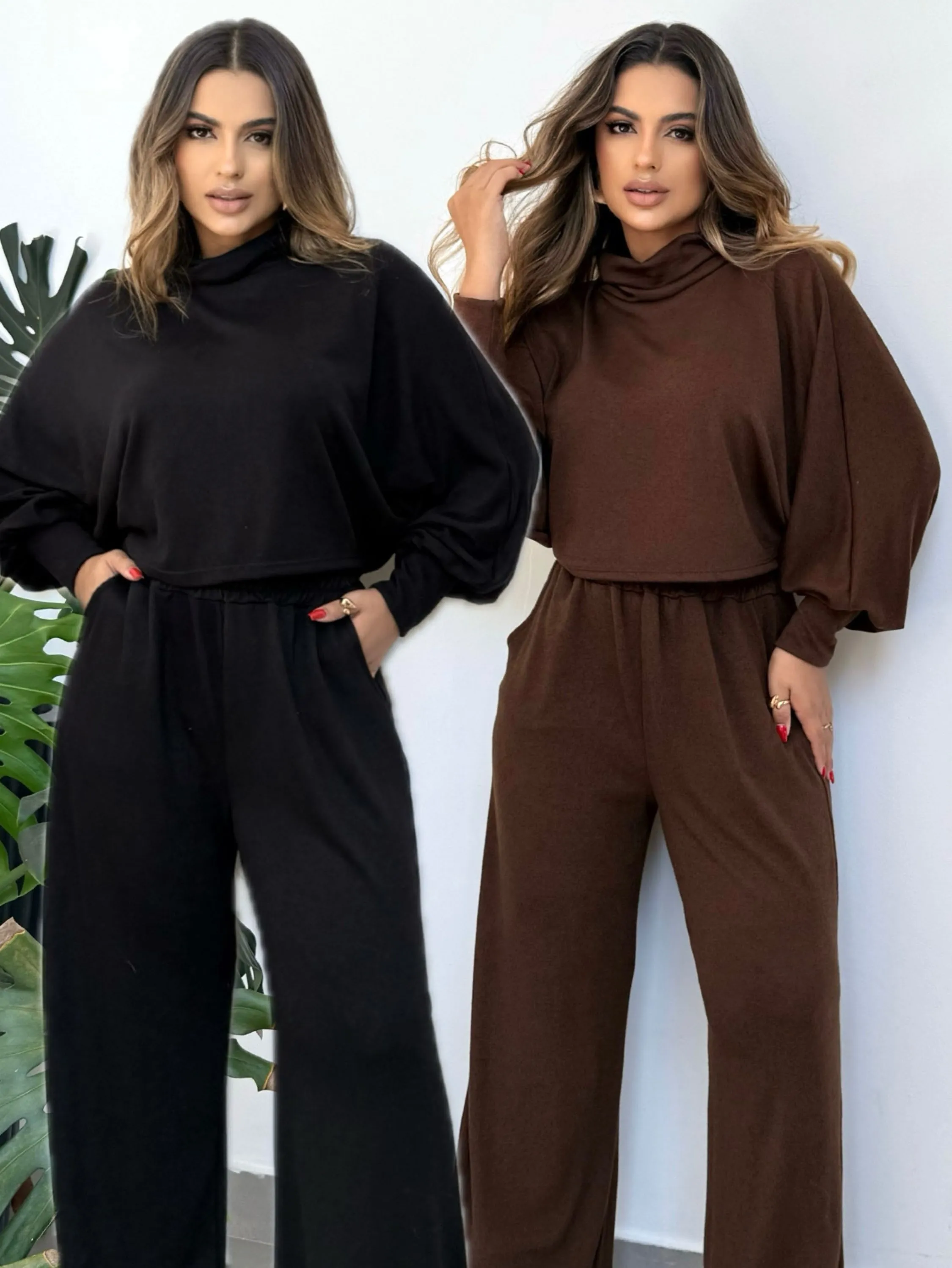Conjunto malha lanzinha blusa morcego e pantalona