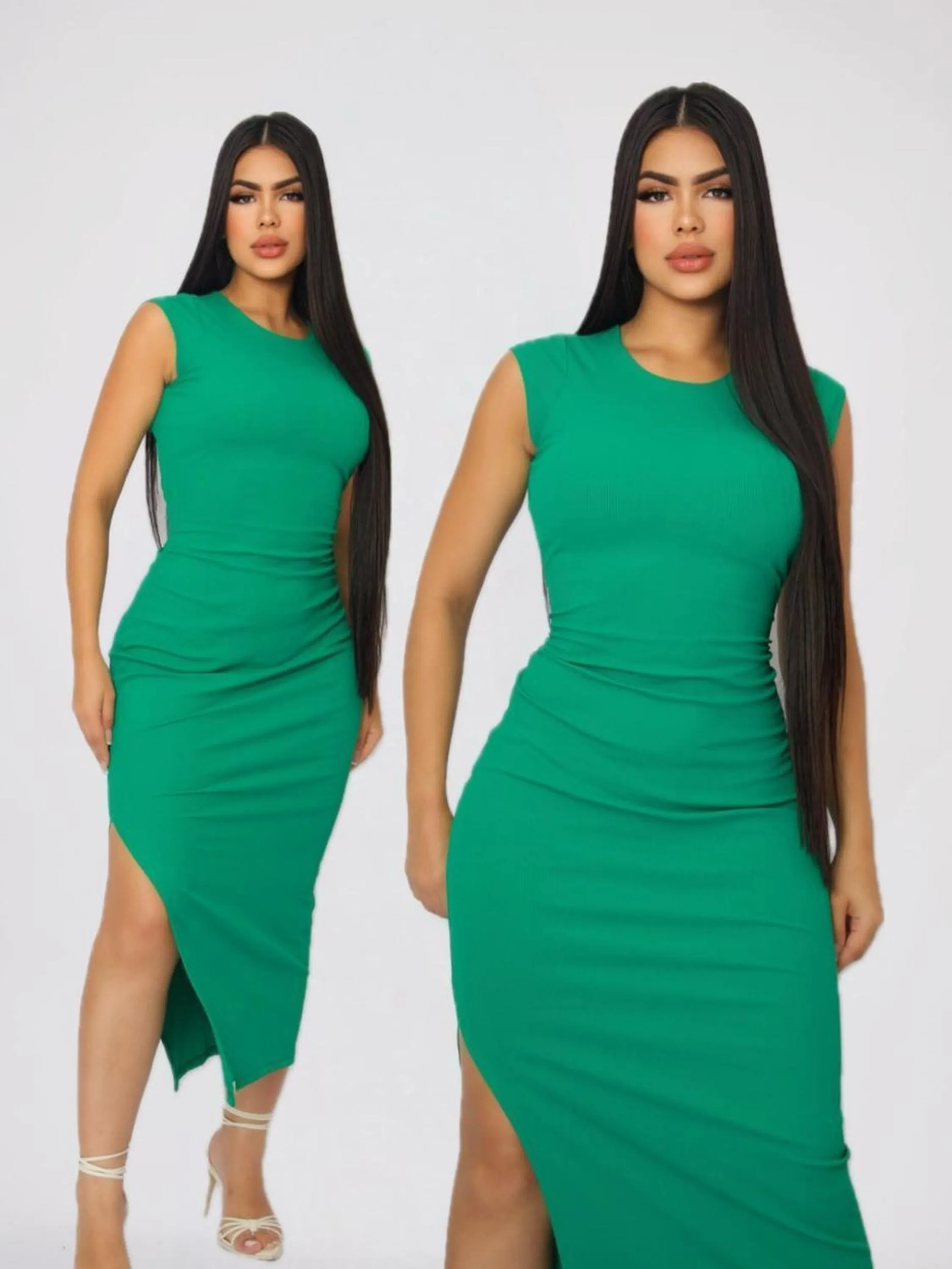 Vestido longo de manguinha com fenda