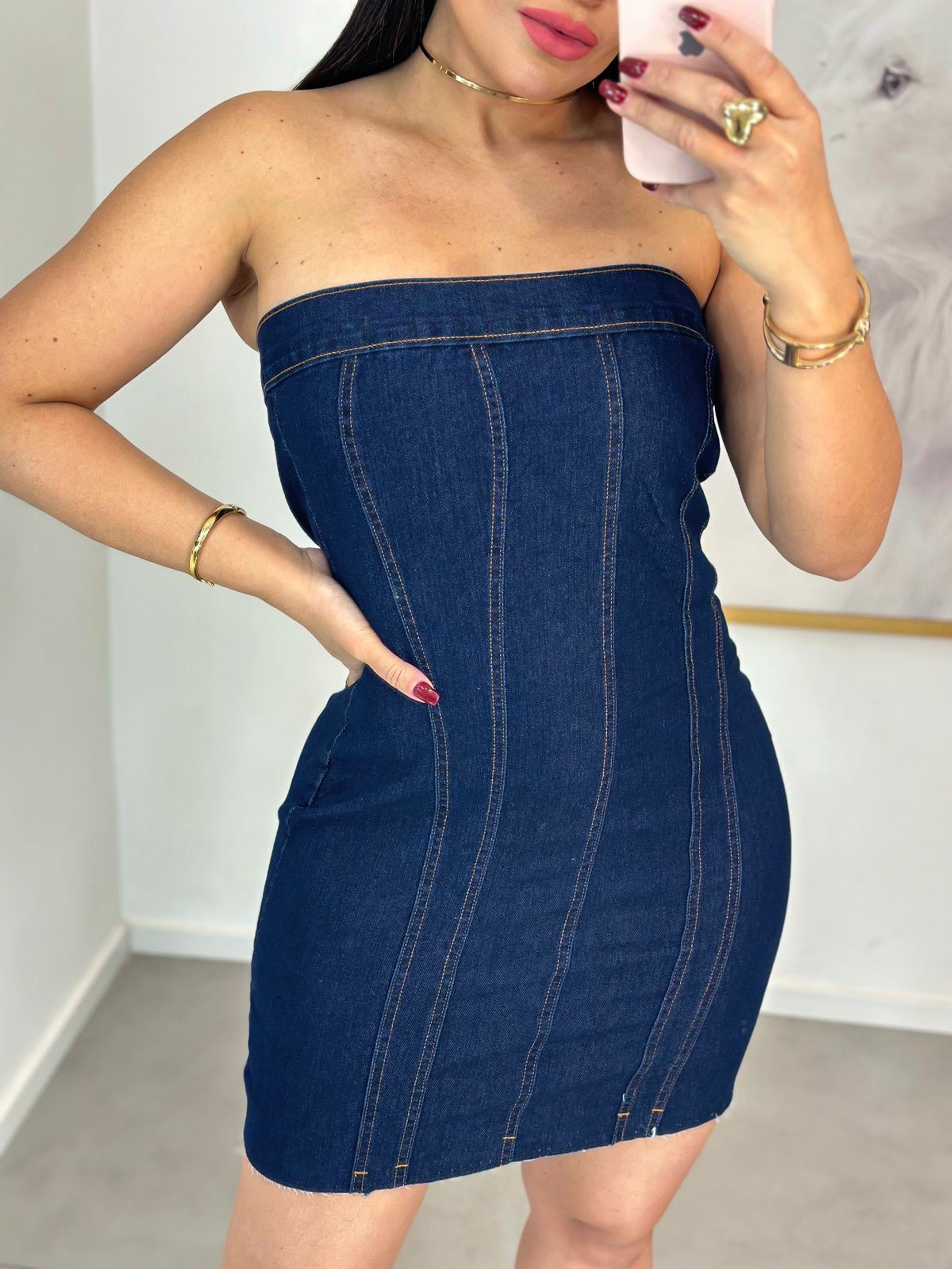 Vestido jeans tomara que caia com elastano lavagem escura