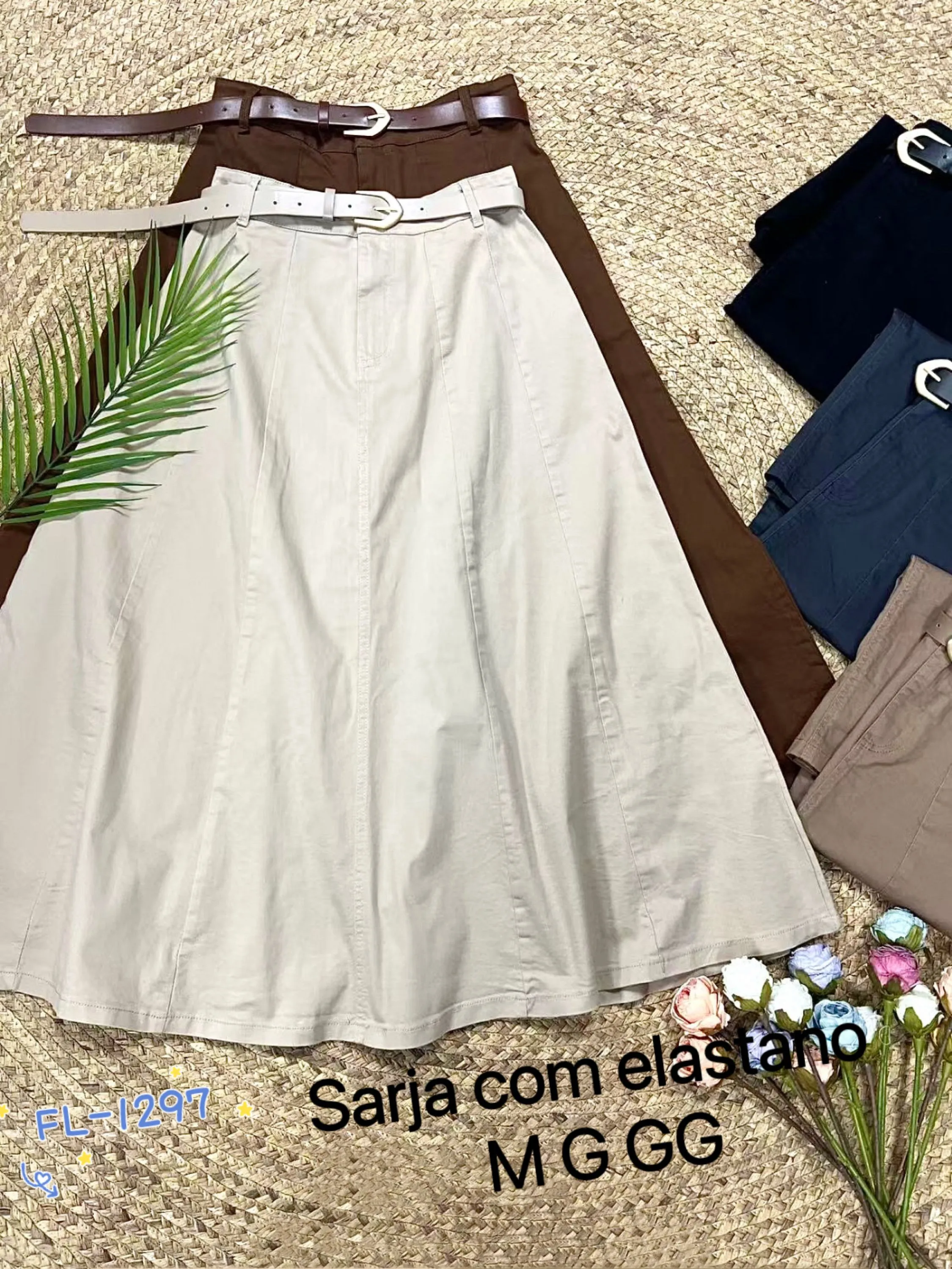 Saia mídi em sarja com elastano com cinto Flora 1297