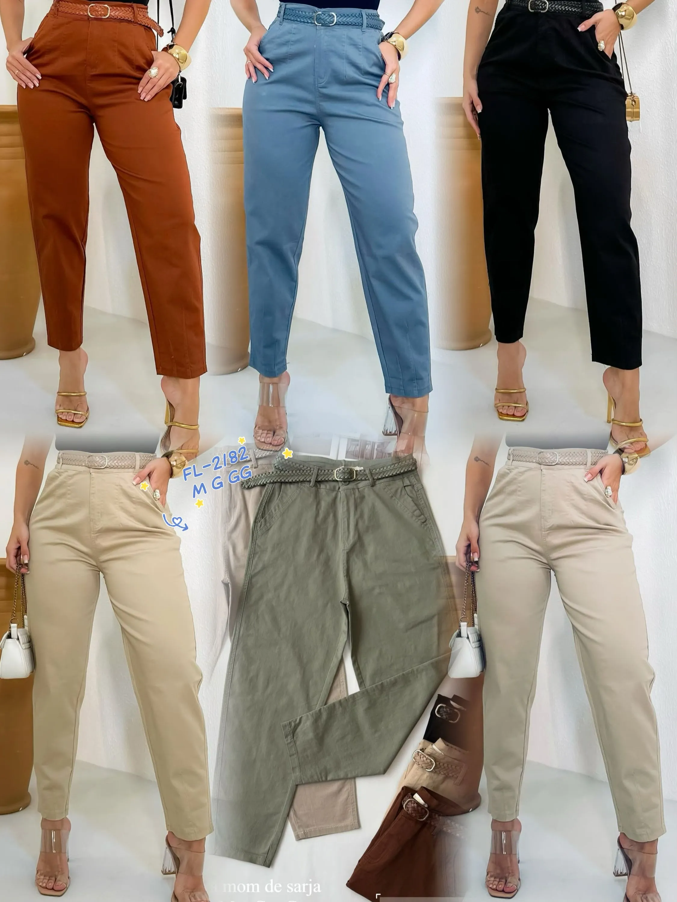 Calça de sarja com elastano com cinto importado 2182