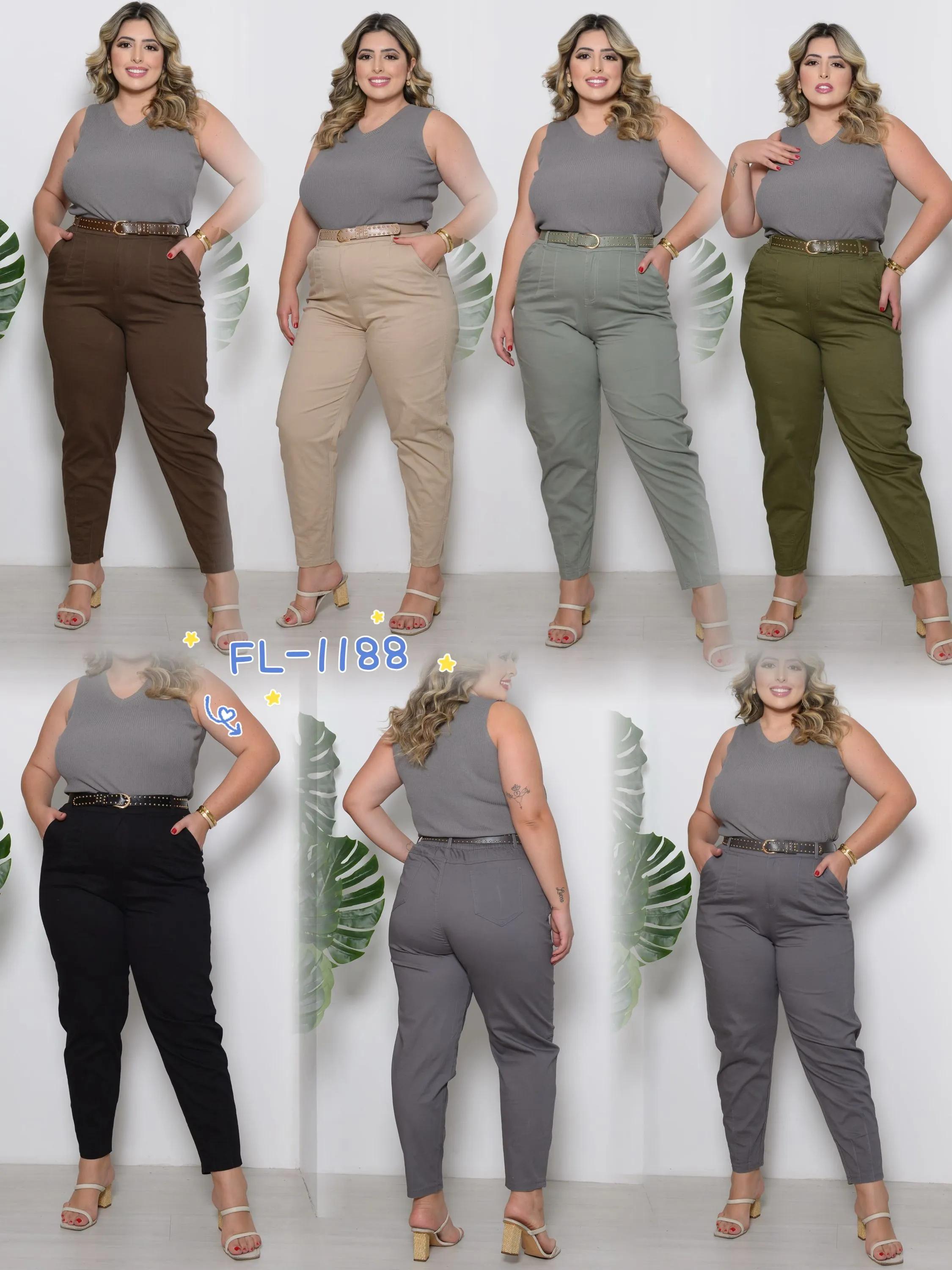 Plus size calça de sarja com elastano com cinto Flora 1188