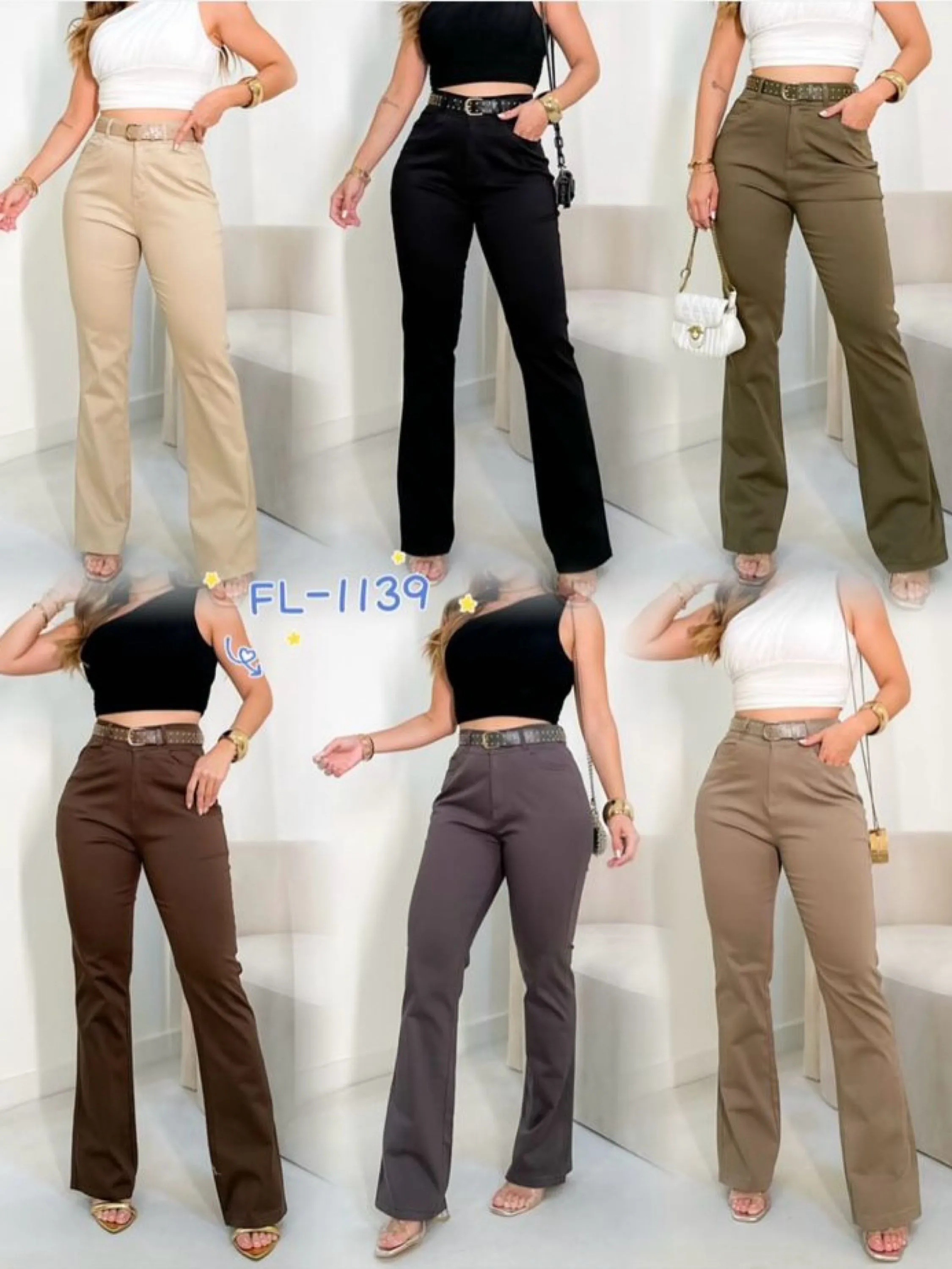 Calça flare em sarja com elastano com cinto Flora 1139