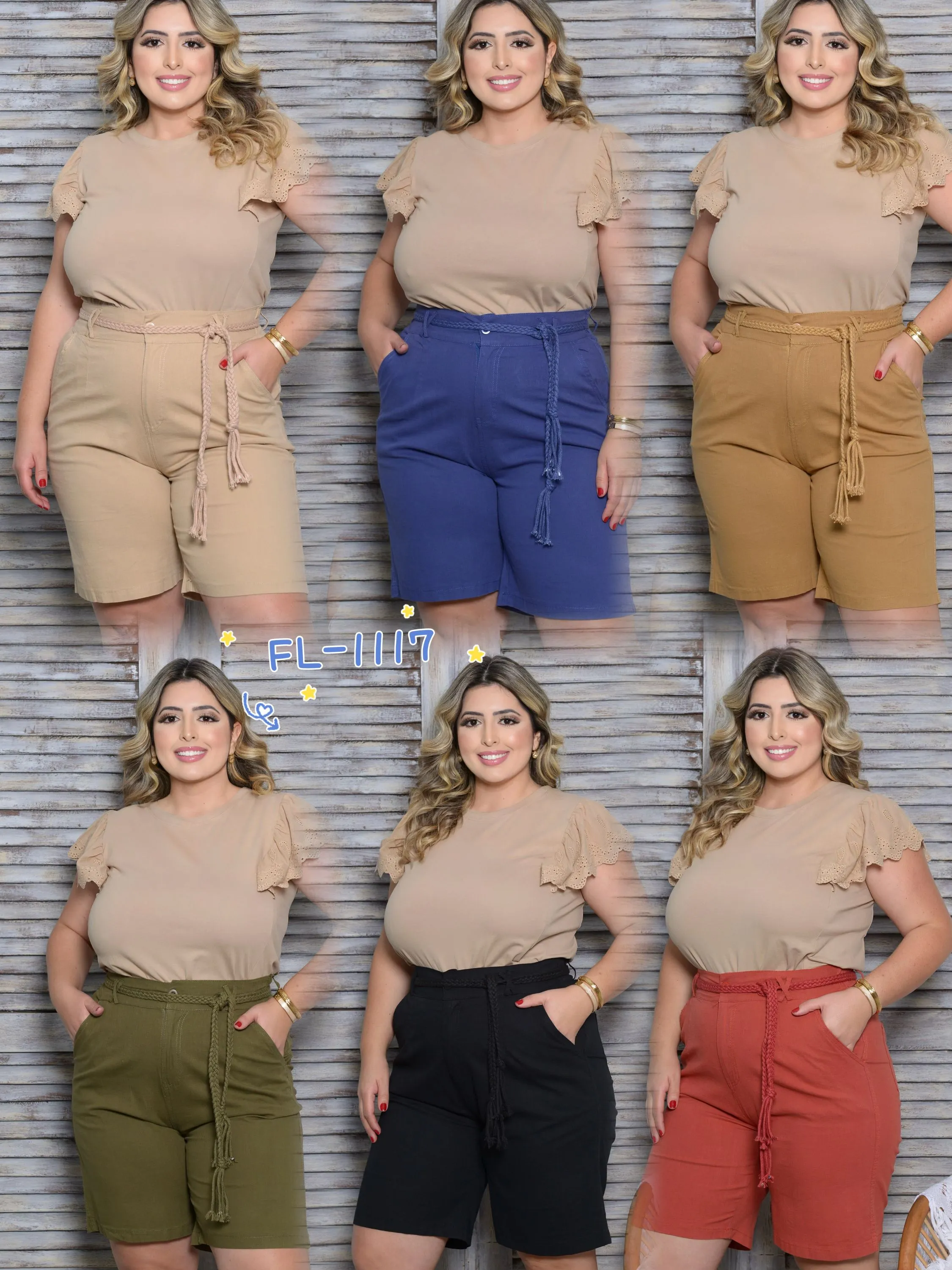 Plus size Bermuda de linho com elastano com cinto Flora 1117