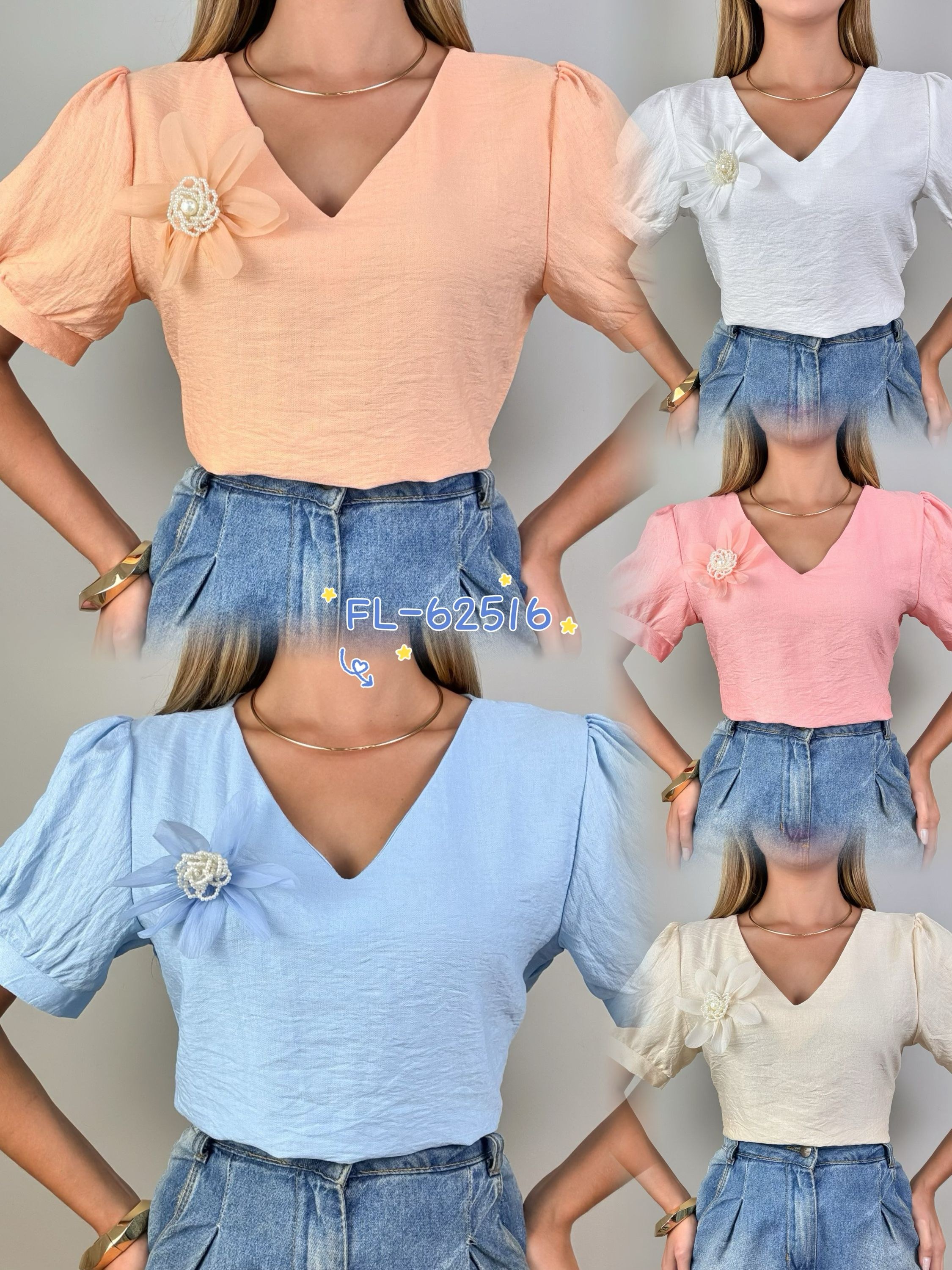 Blusa manga curta com flor importado promoção 62516