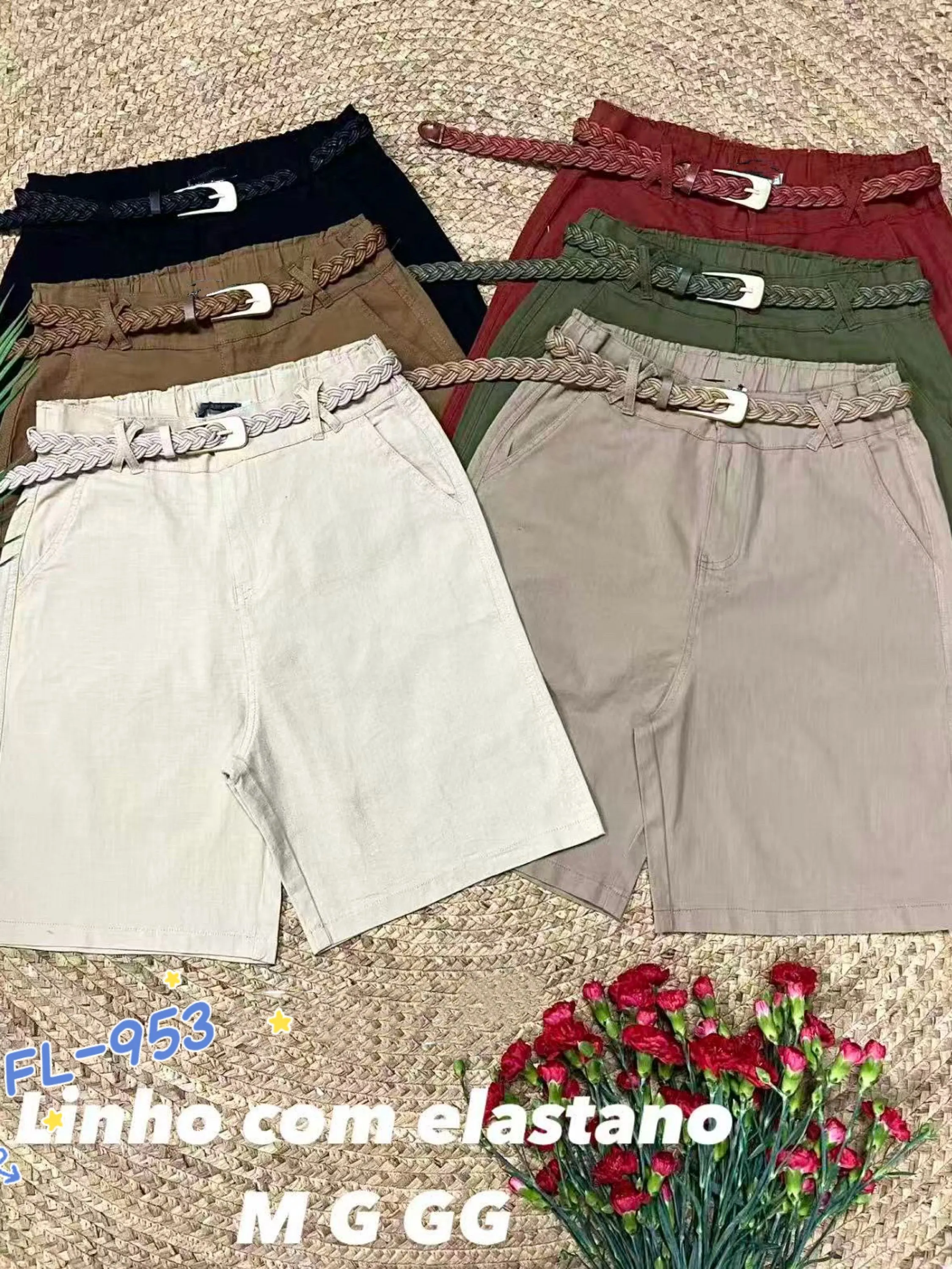 Short bermuda de linho com elastano com cinto 953