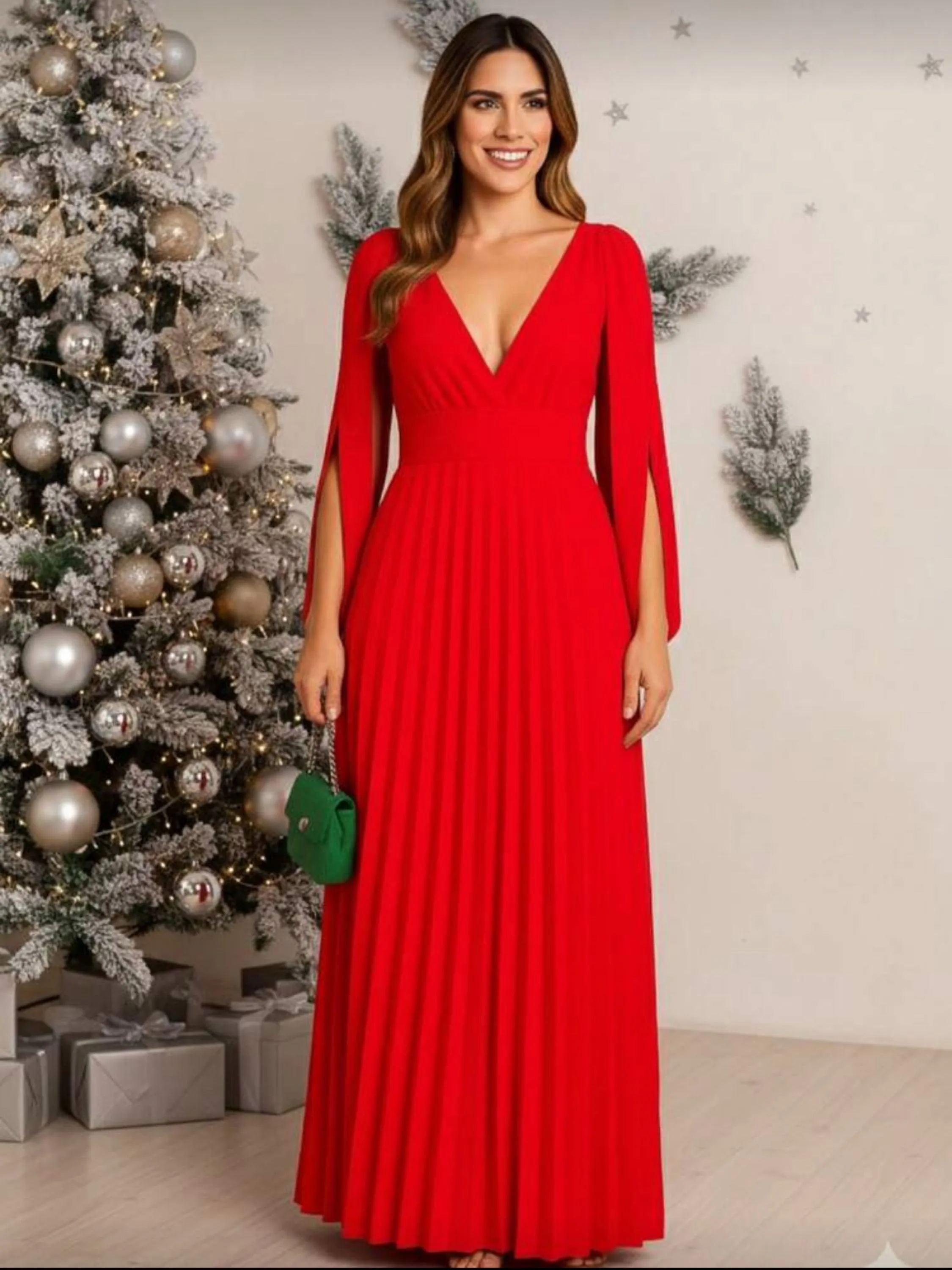 Vestido longo plissado decote V promoção