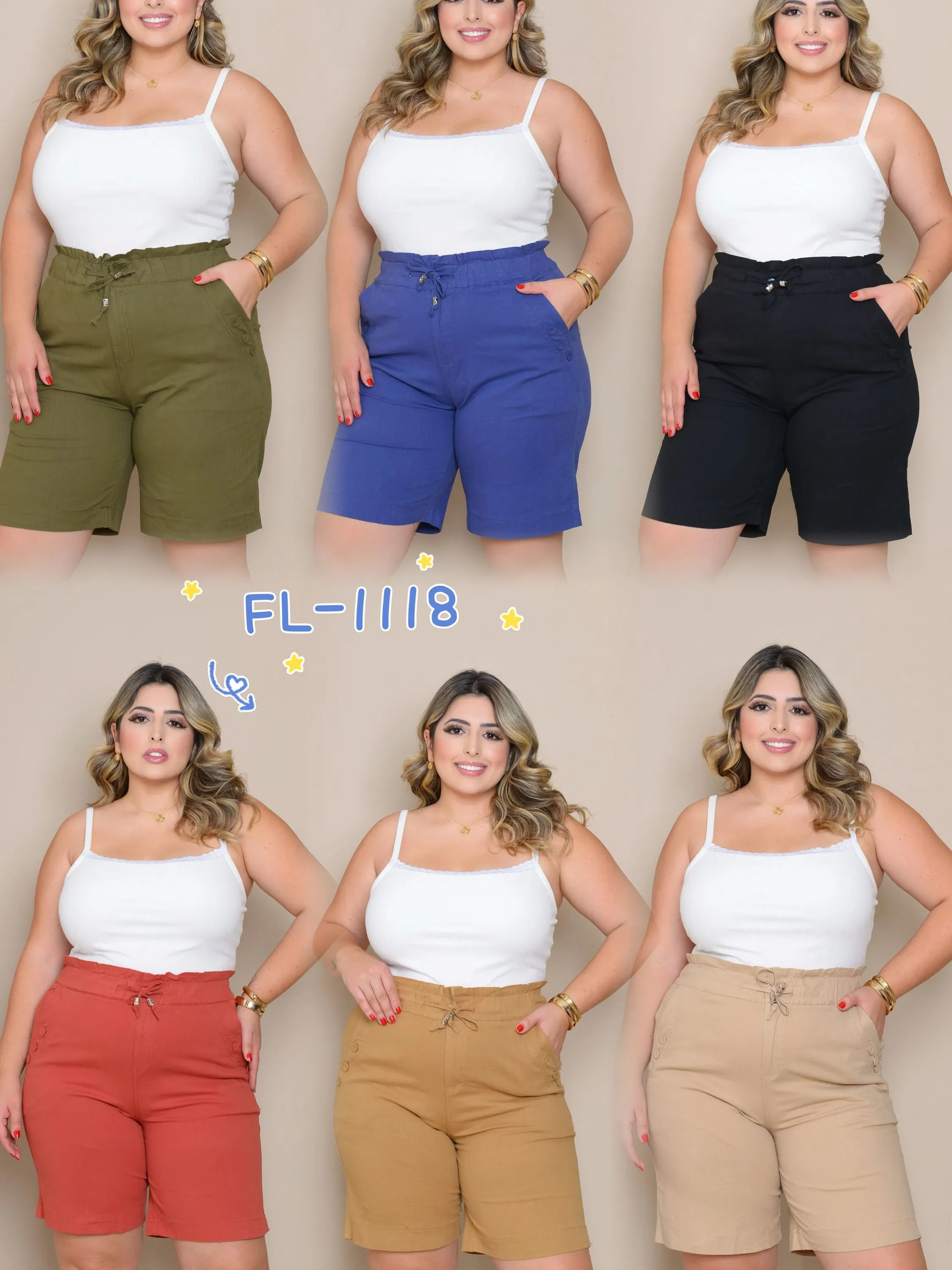 Short plus size Bermuda de linho com elastano com zíper Flora 1118