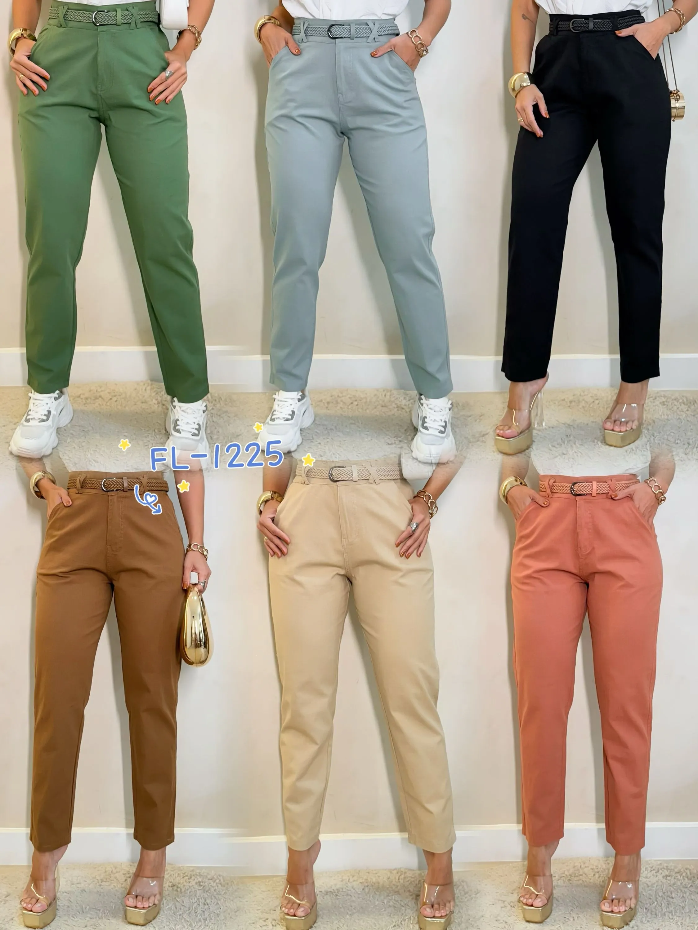 Calça em linho com elastano e cinto importado Flora 1225