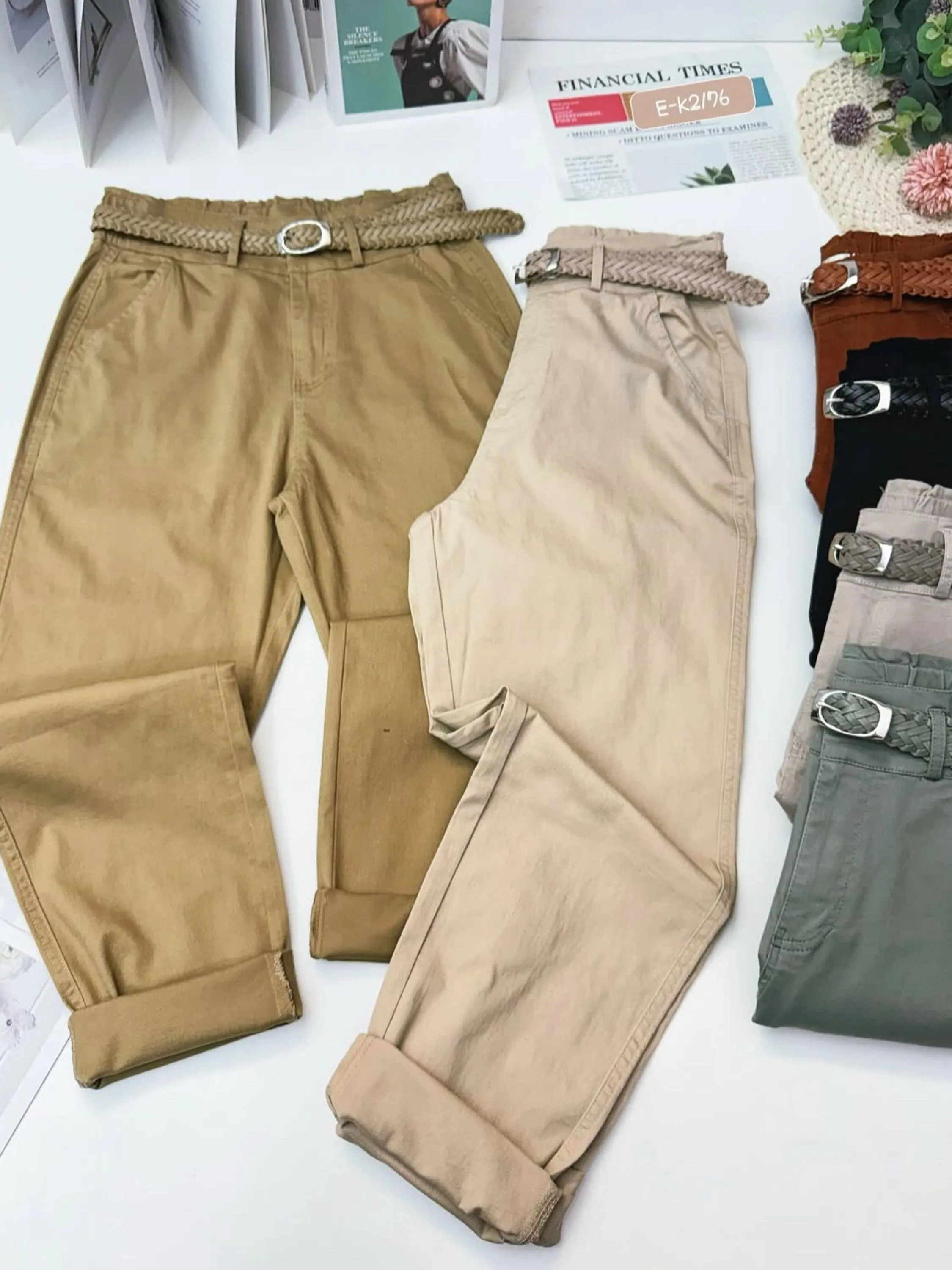 Calça de sarja com elastano com cinto Flora 2176