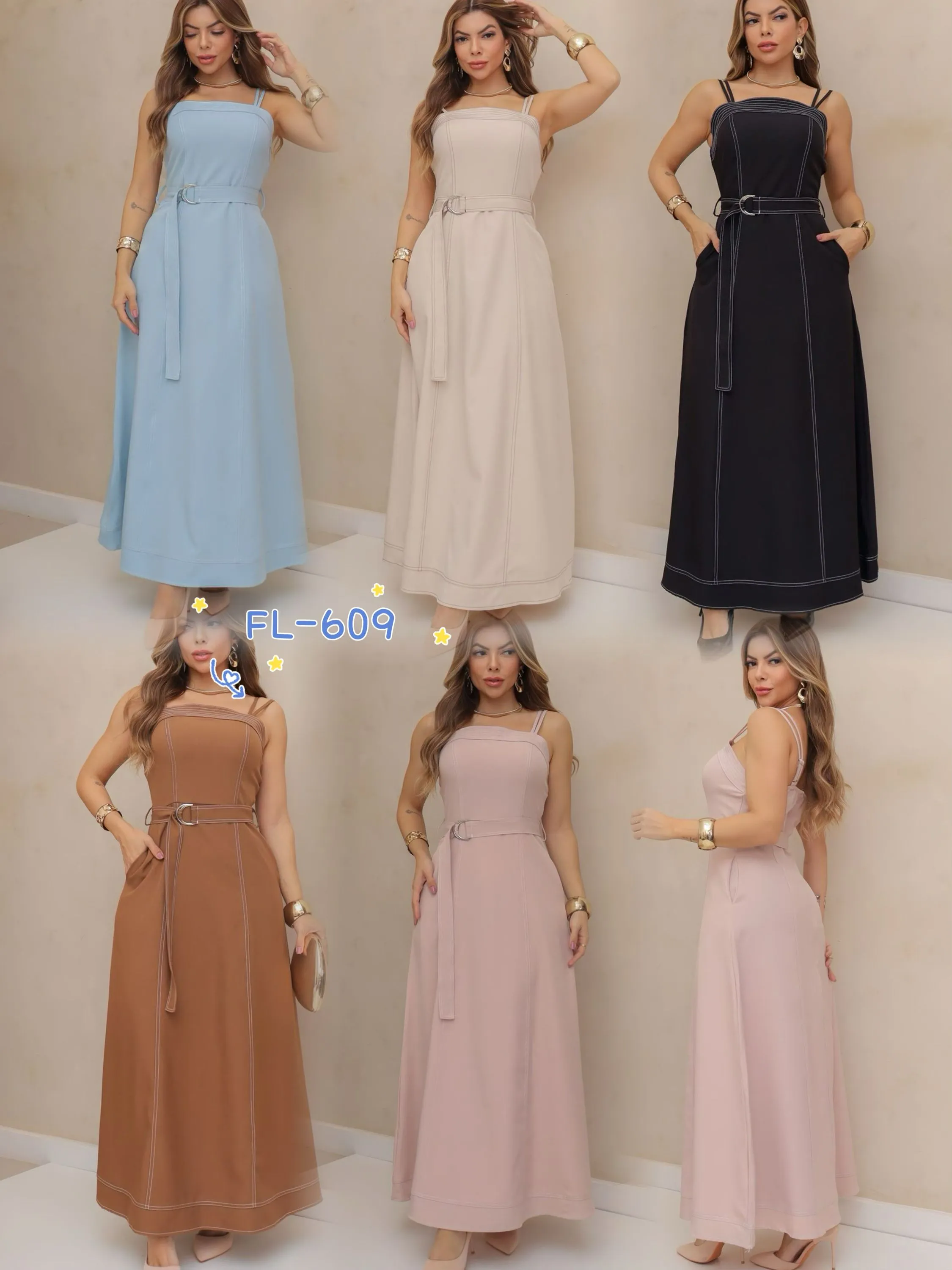 Vestido longo com cinto com detalhe importado Flora 609