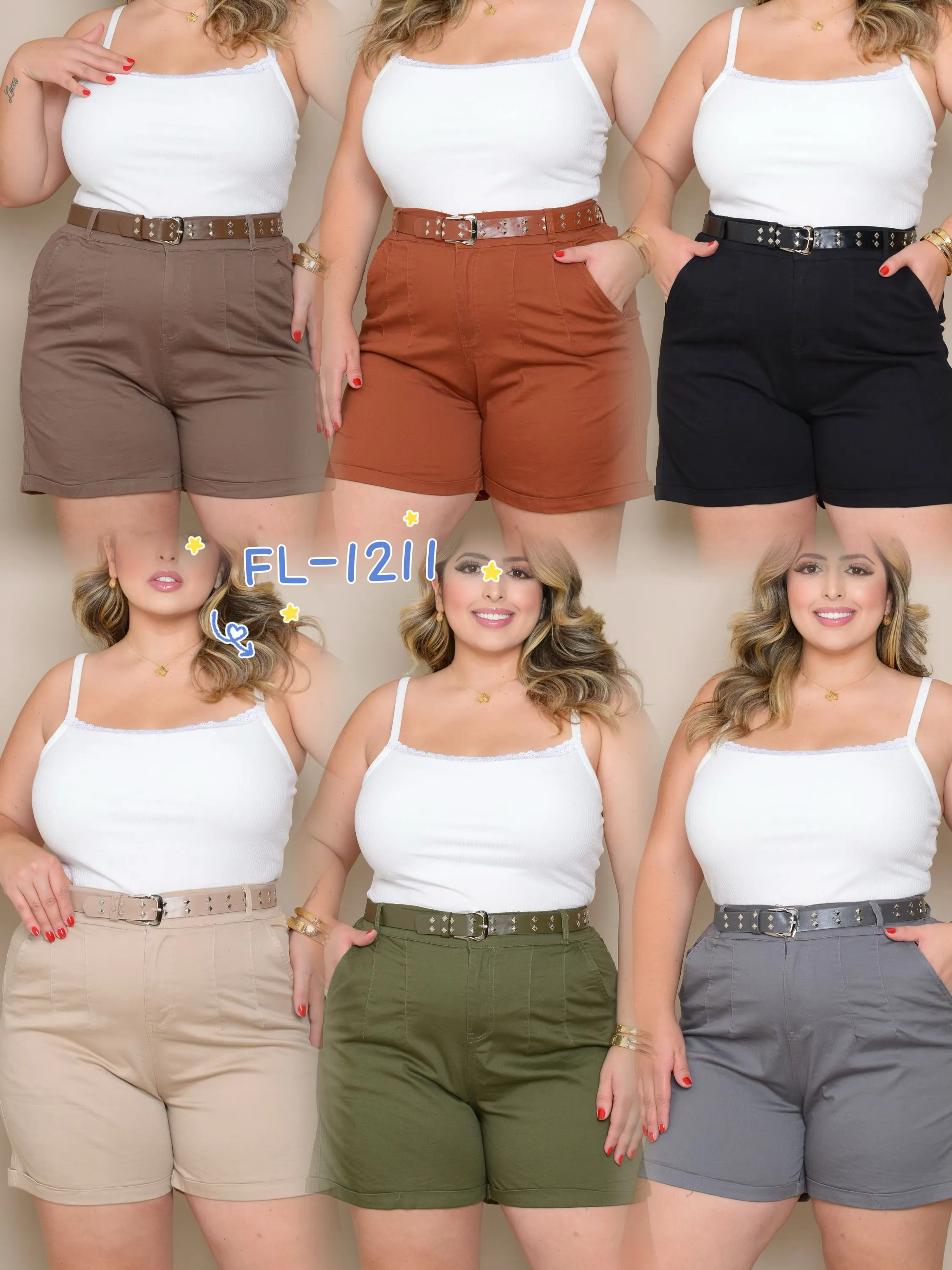 Plus size short de sarja com elastano com cinto Flora 1211