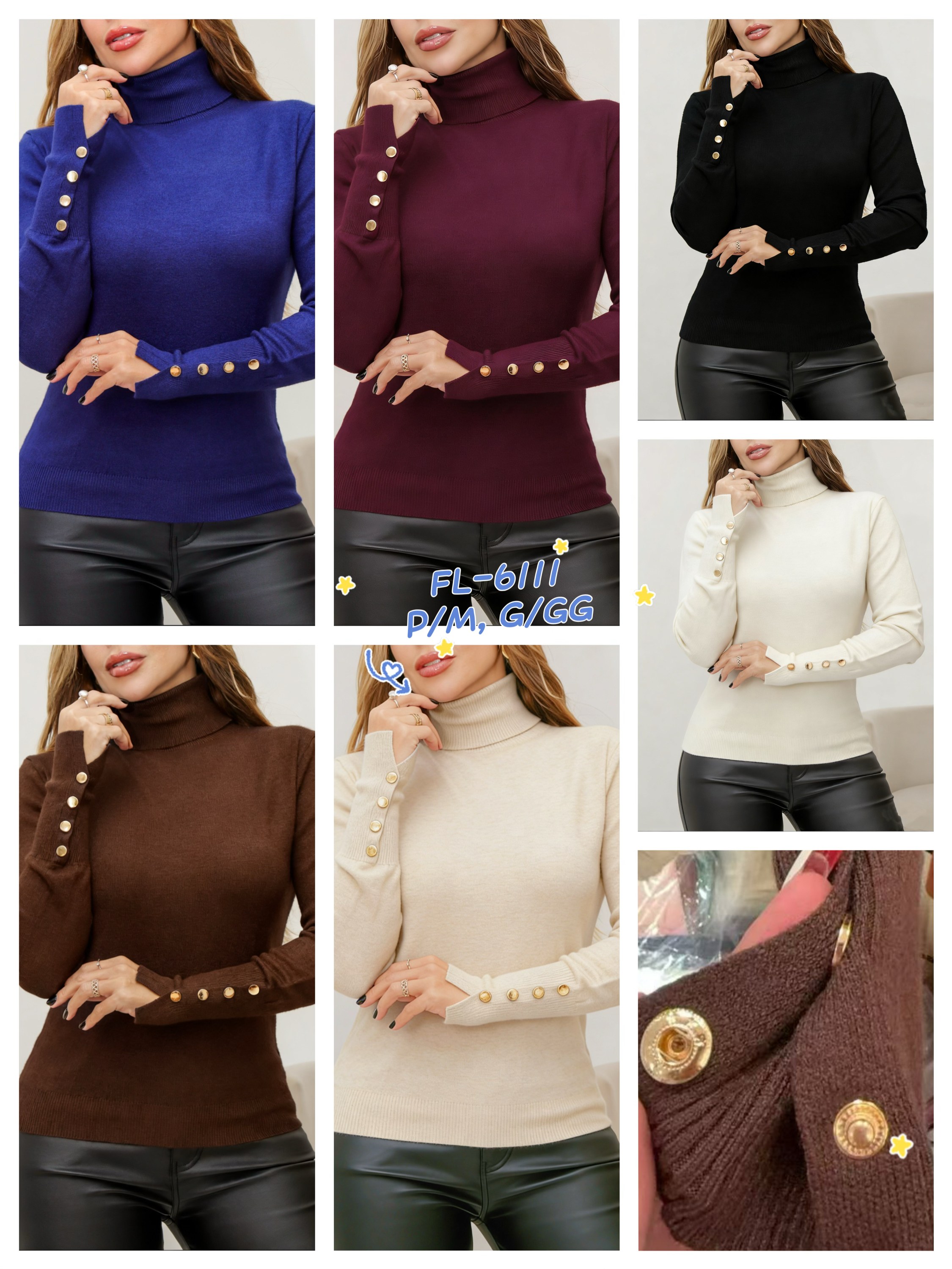 Blusa gola alta de modal manga com botões 6111