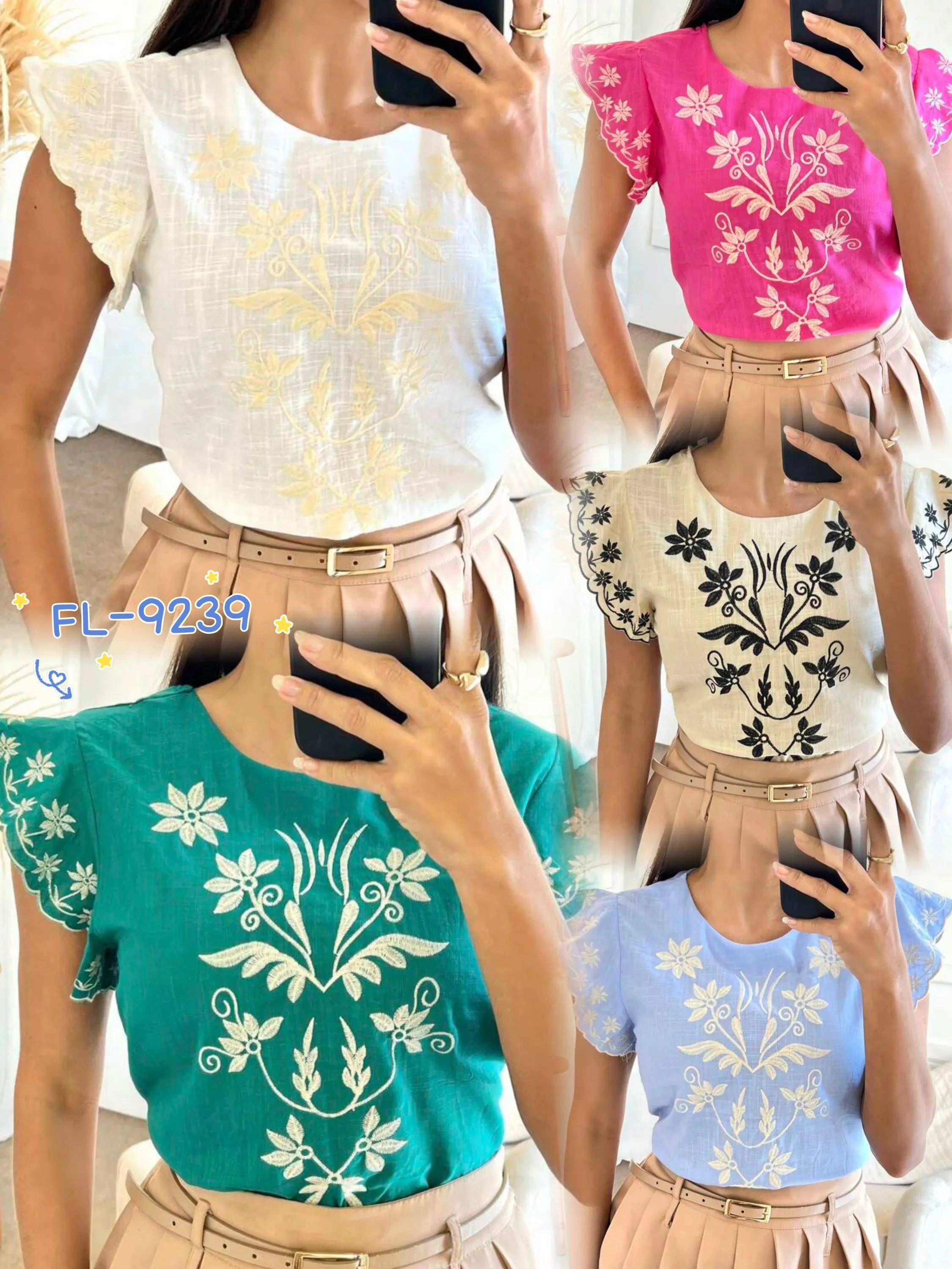 Blusa de linho bordado babado Flora 9239