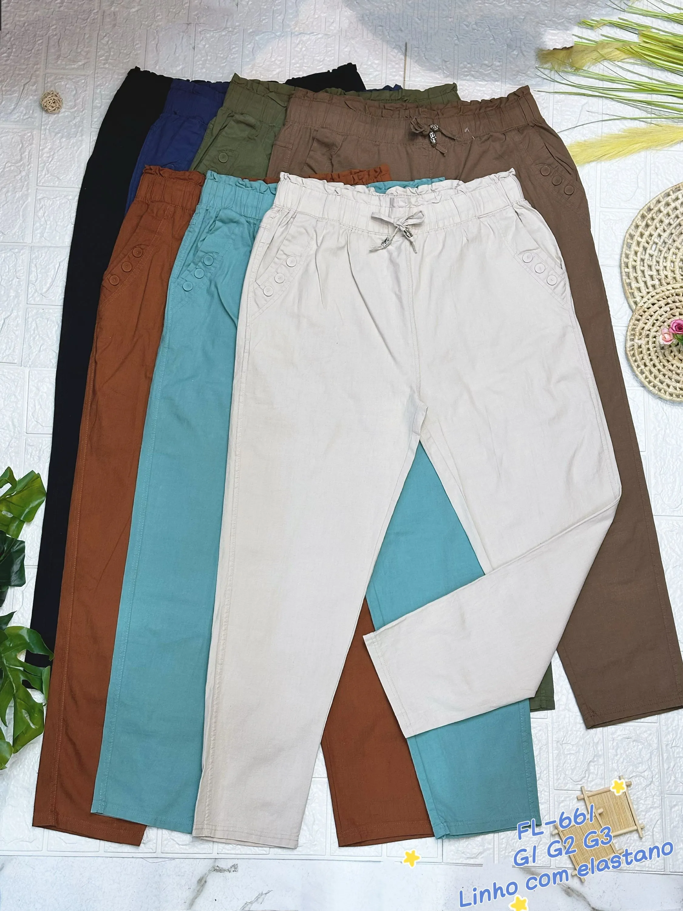 Plus Size Calça de linho com elastano importado 661