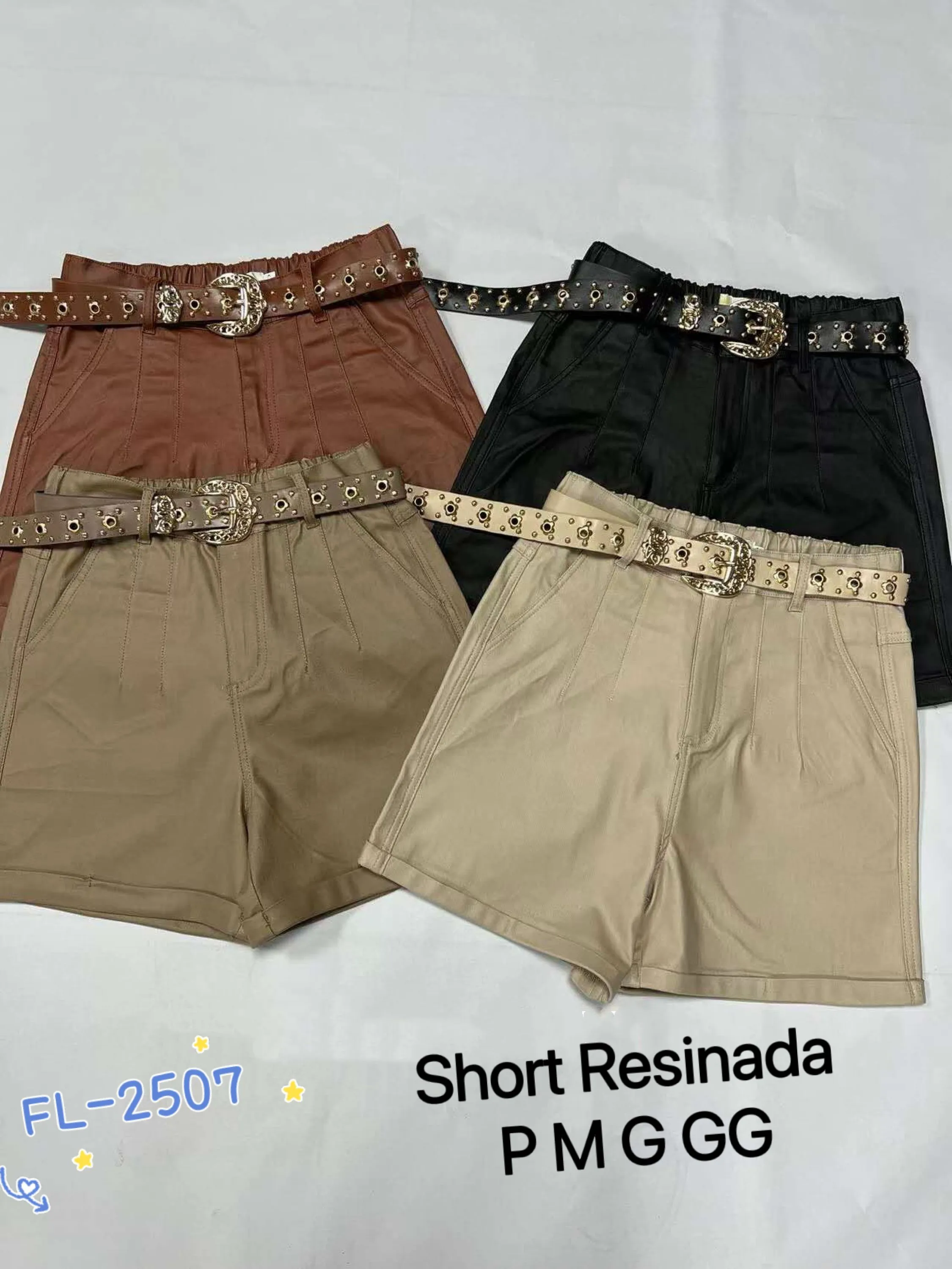 Short resinada com elastano com cinto Flora 2507