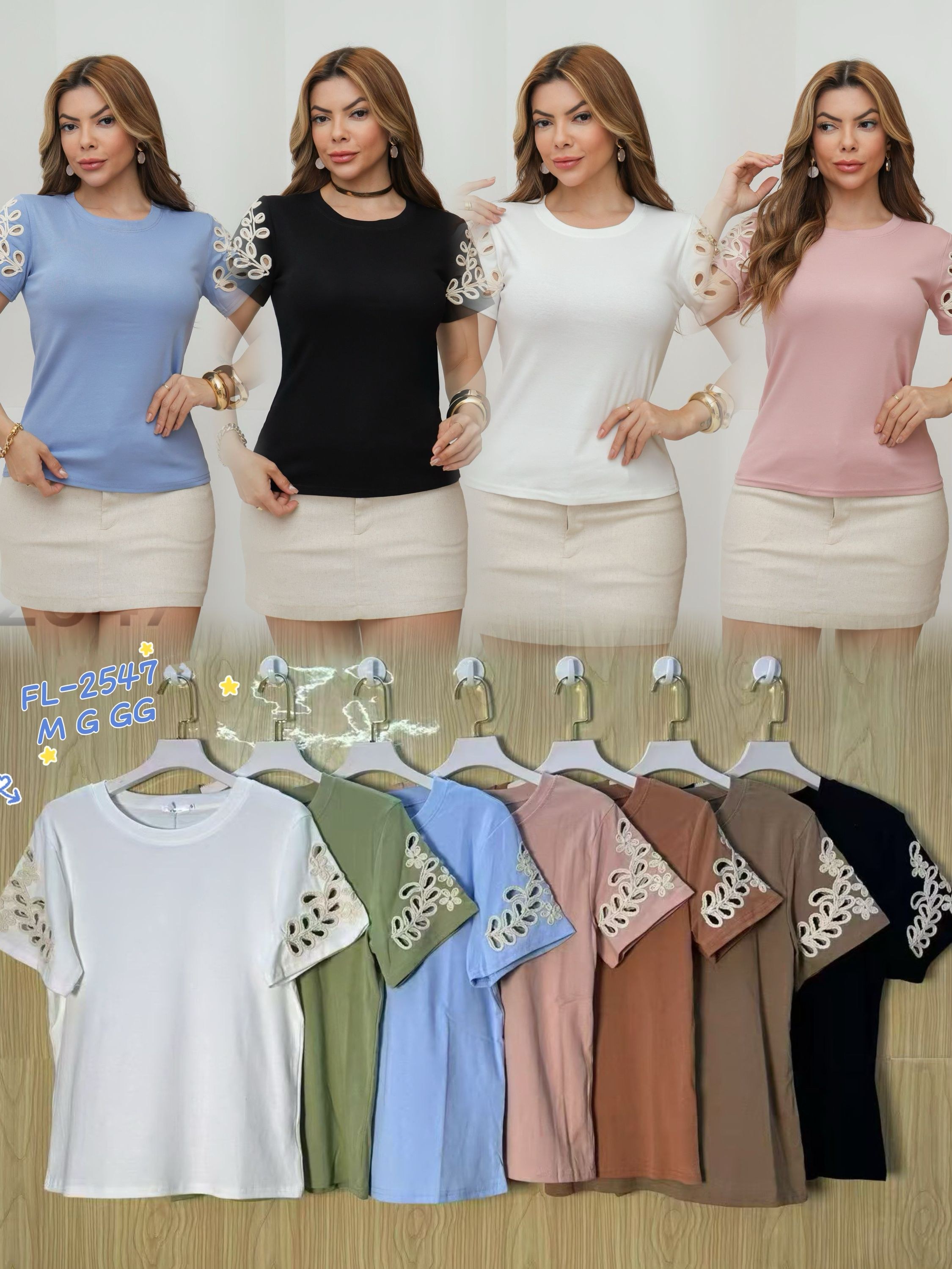 Blusa de algodão canelado manga bordado importado 2547