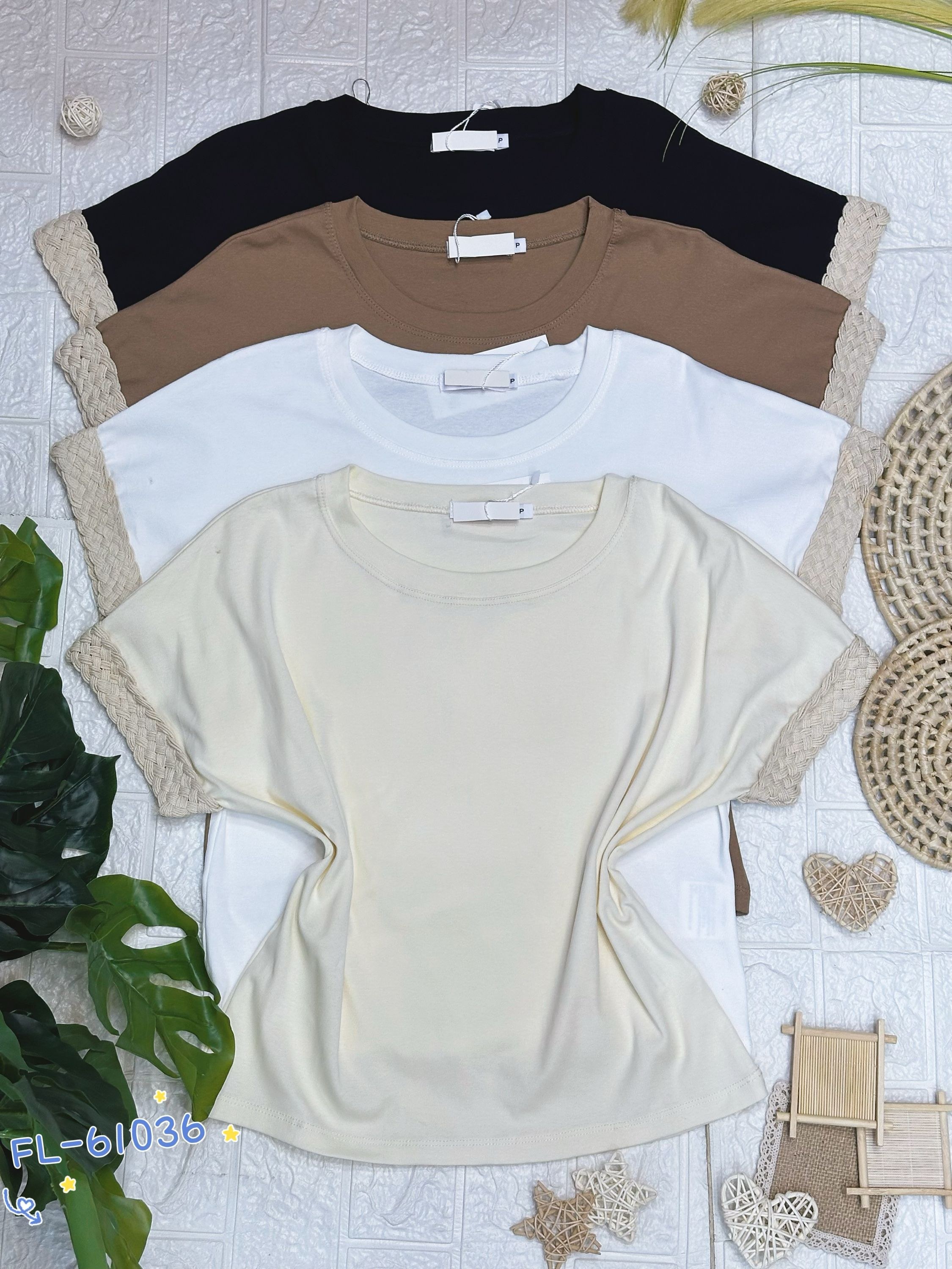 Blusa algodão canelado manga bordado importado 61036