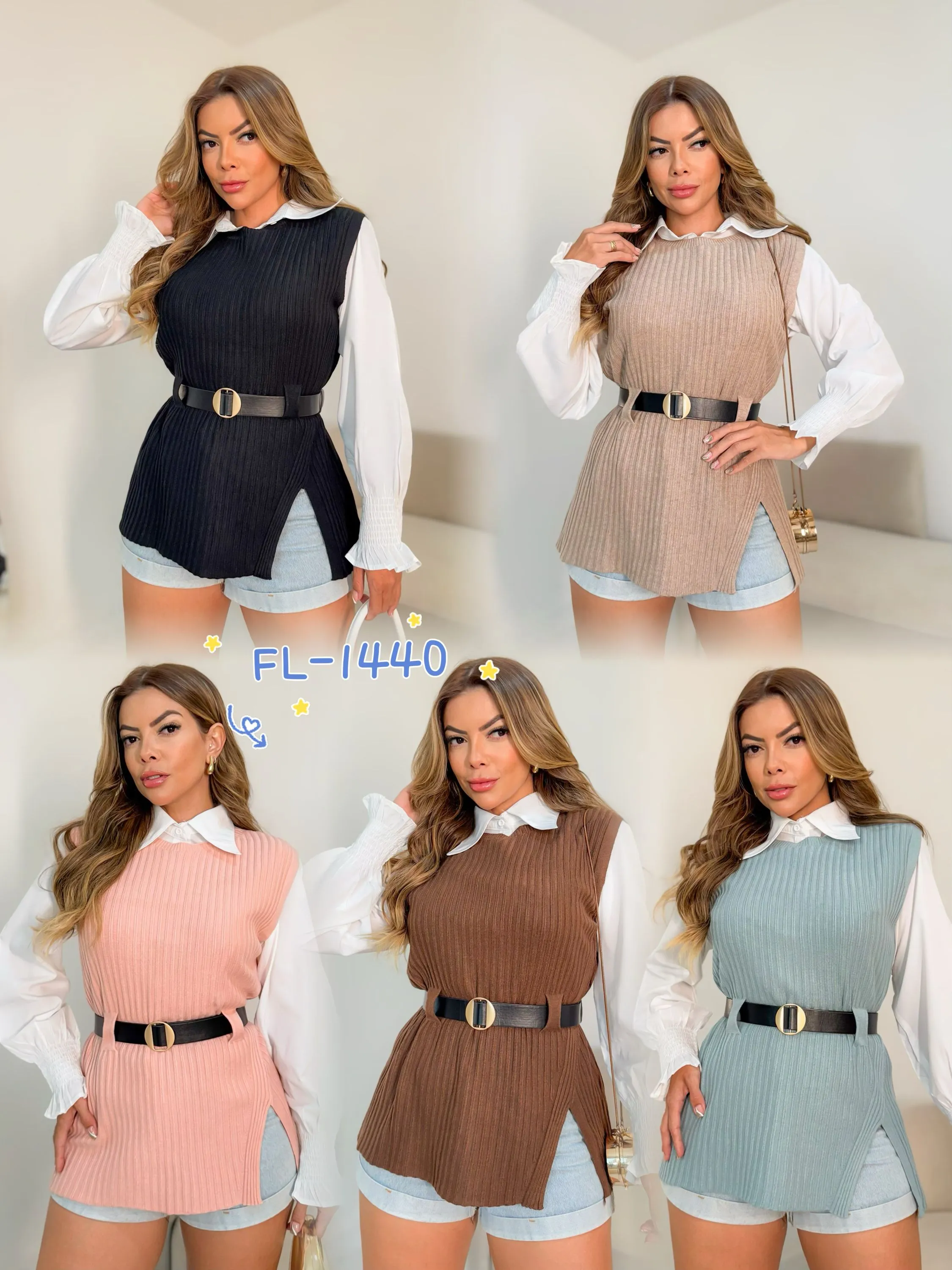 Blusa Conjunto camisa colete cinto importado Flora 1440
