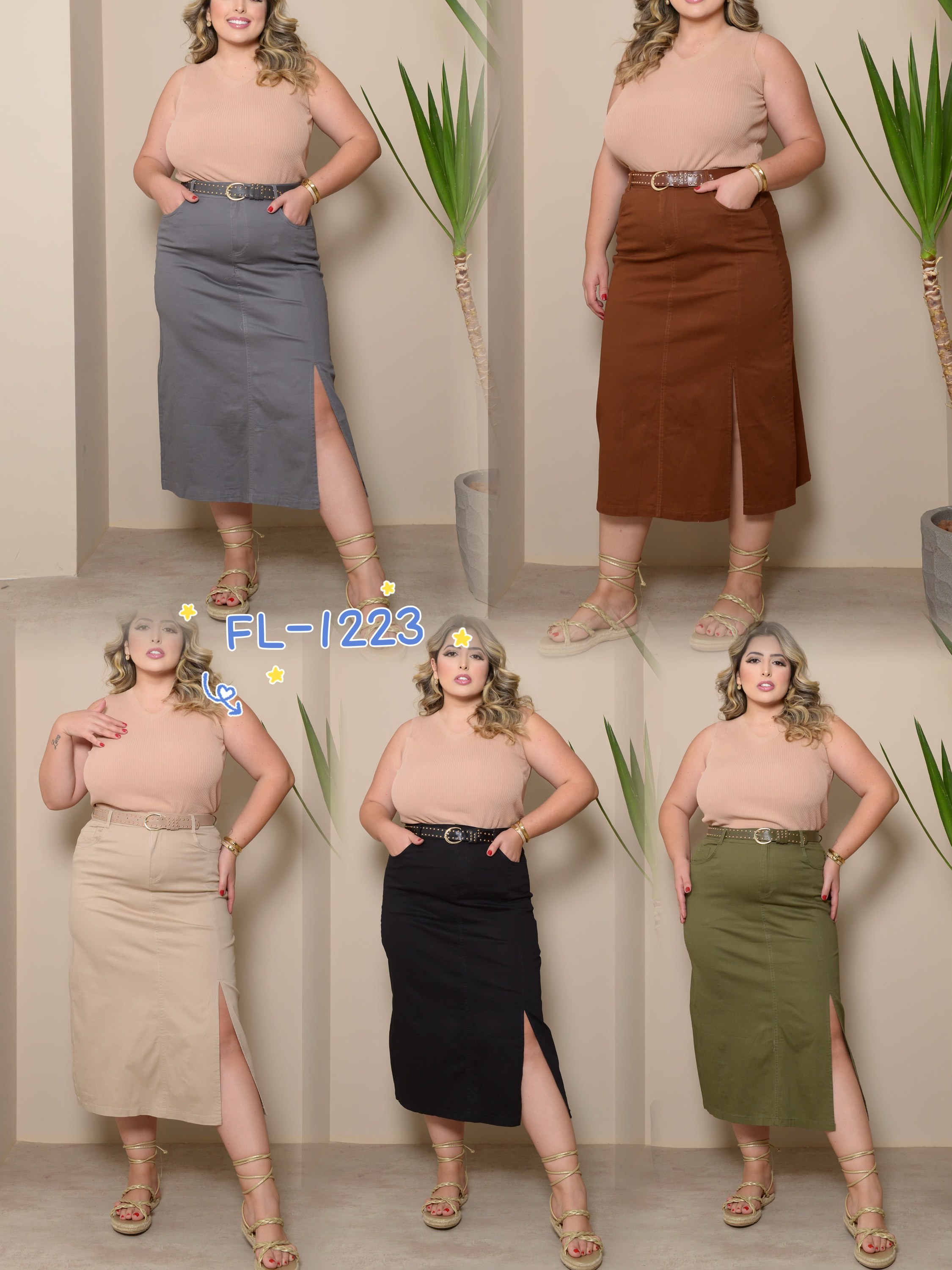 Plus size saia mídi de sarja com elastano promoção 1223