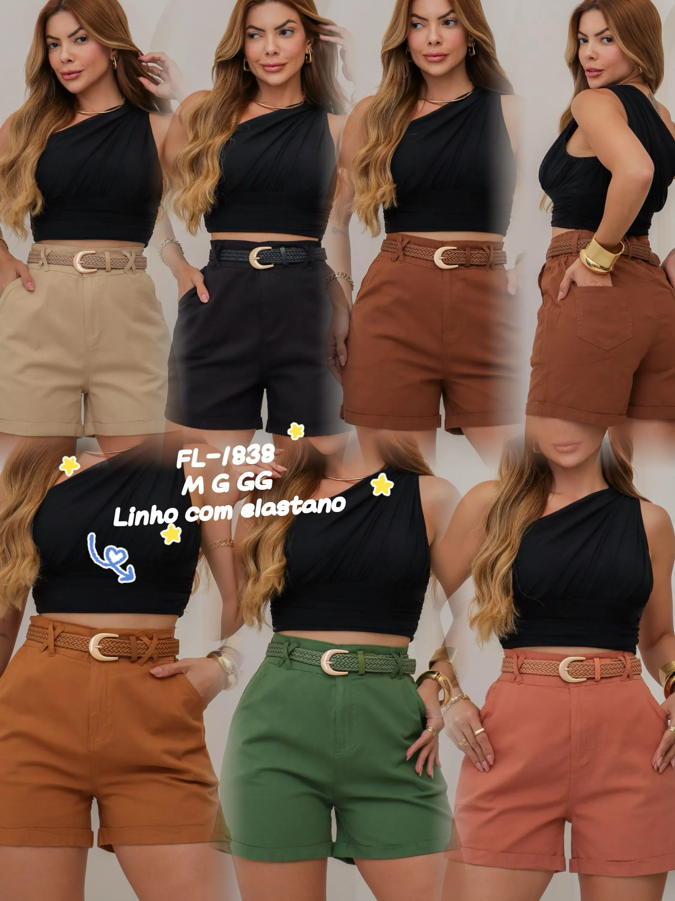 Short de linho com elastano com cinto importado 1838