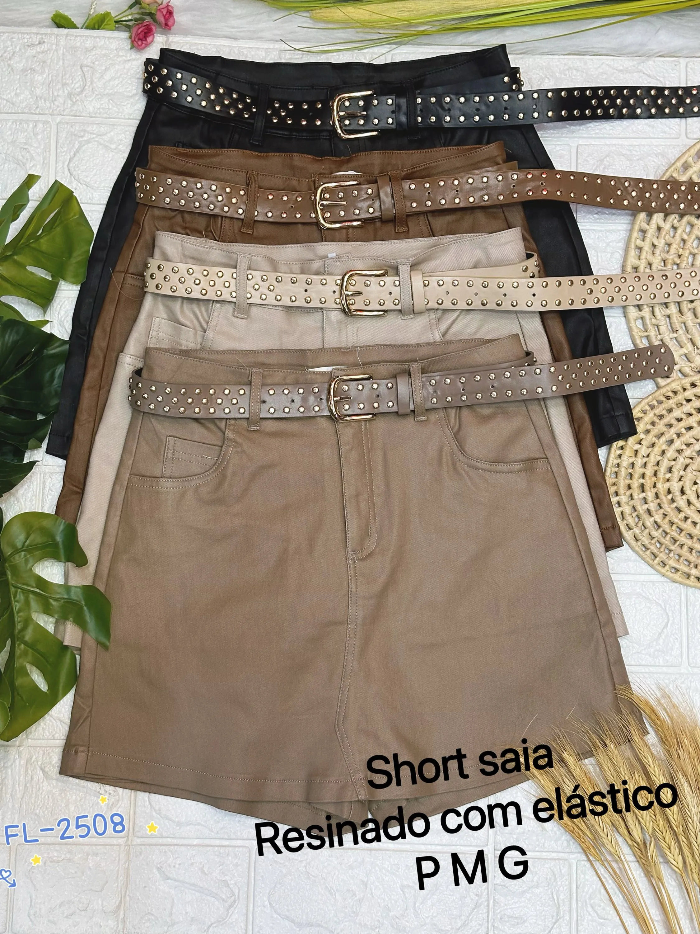 Short Saia resinada com elástico com cinto Flora 2508