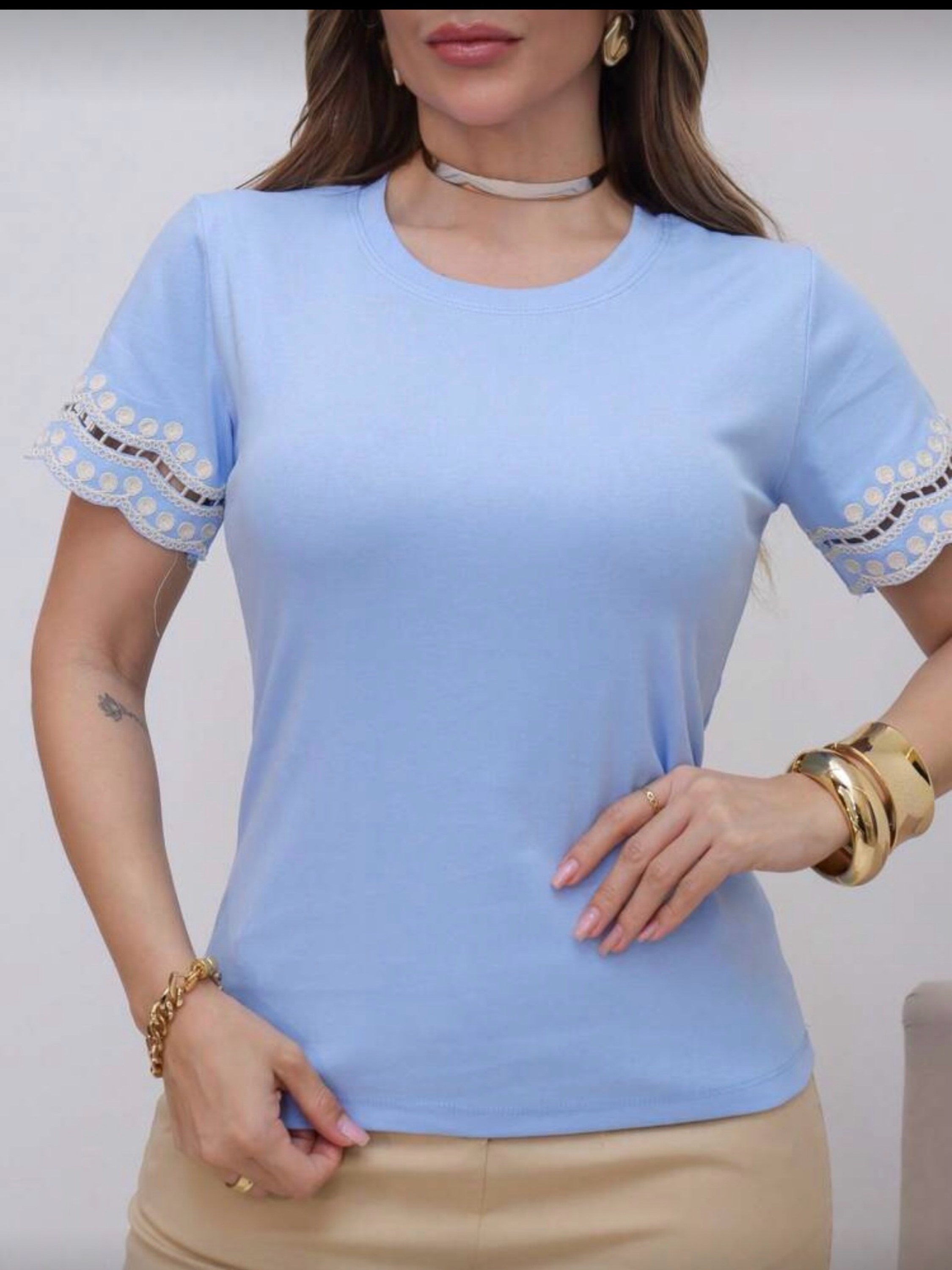 Blusa algodão canelado manga bordado importado 1727