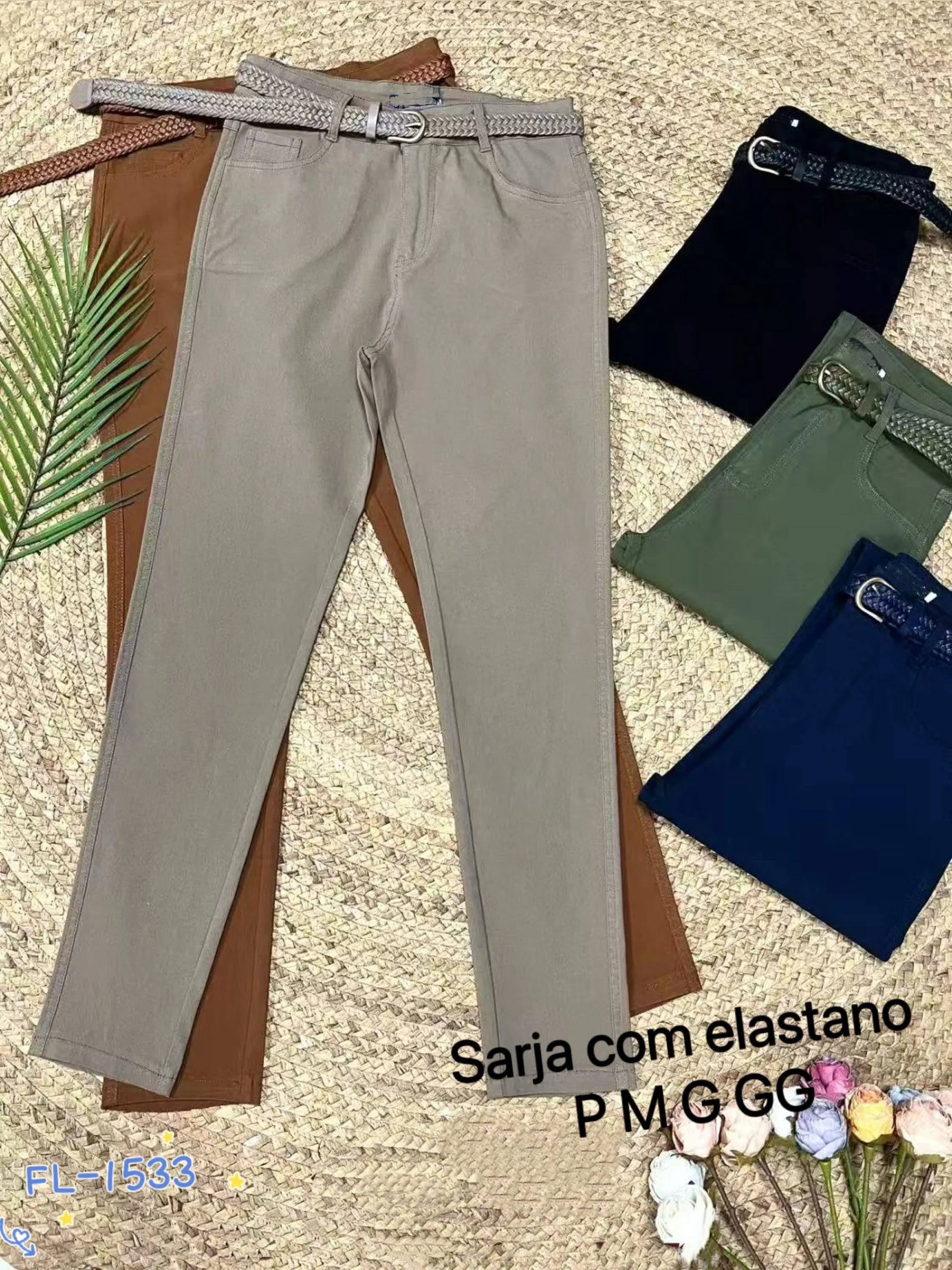 Calça sarja com elastano com cinto importado Flora 1533