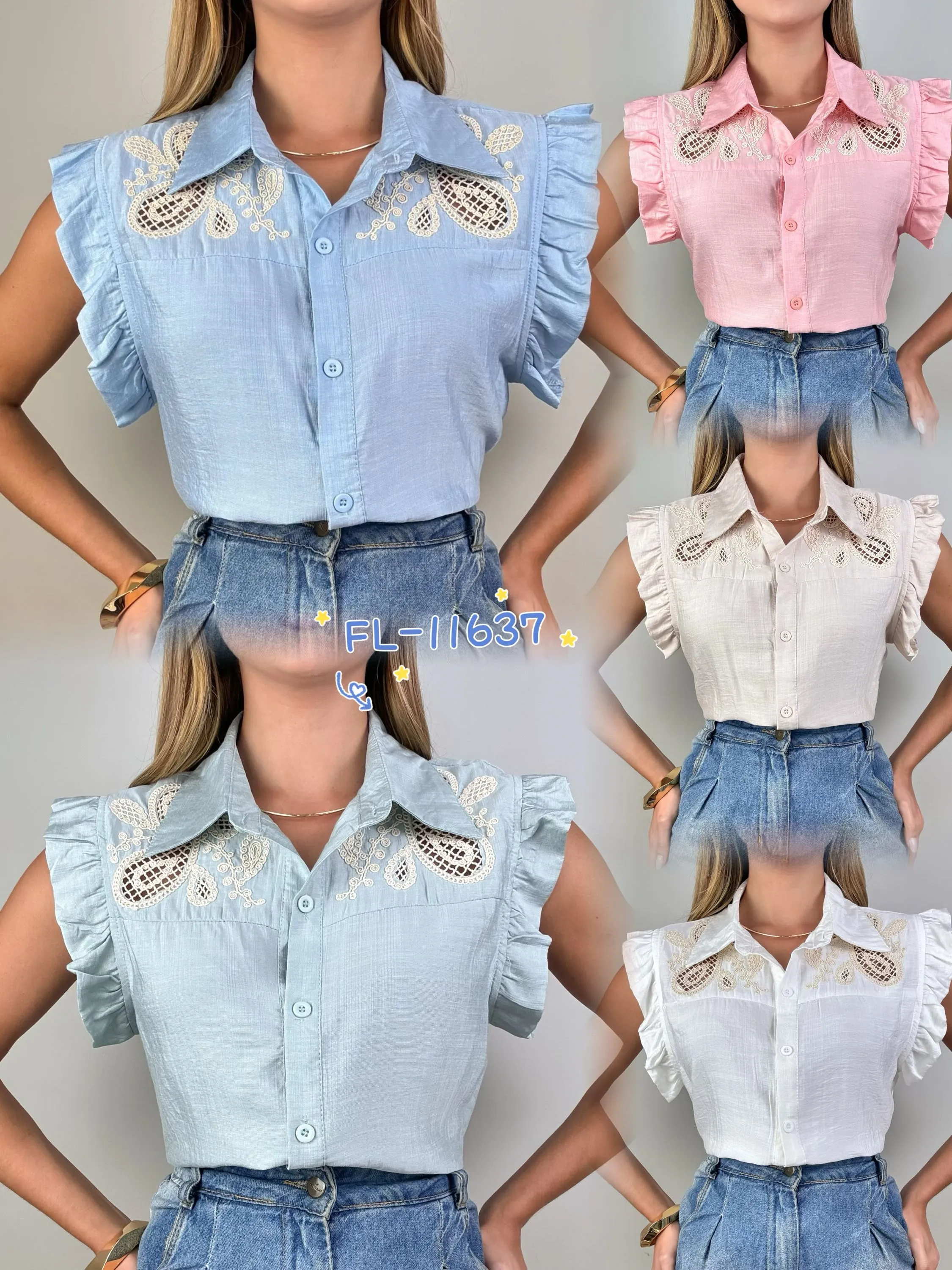 Blusa camisa bordado importado Flora 11637