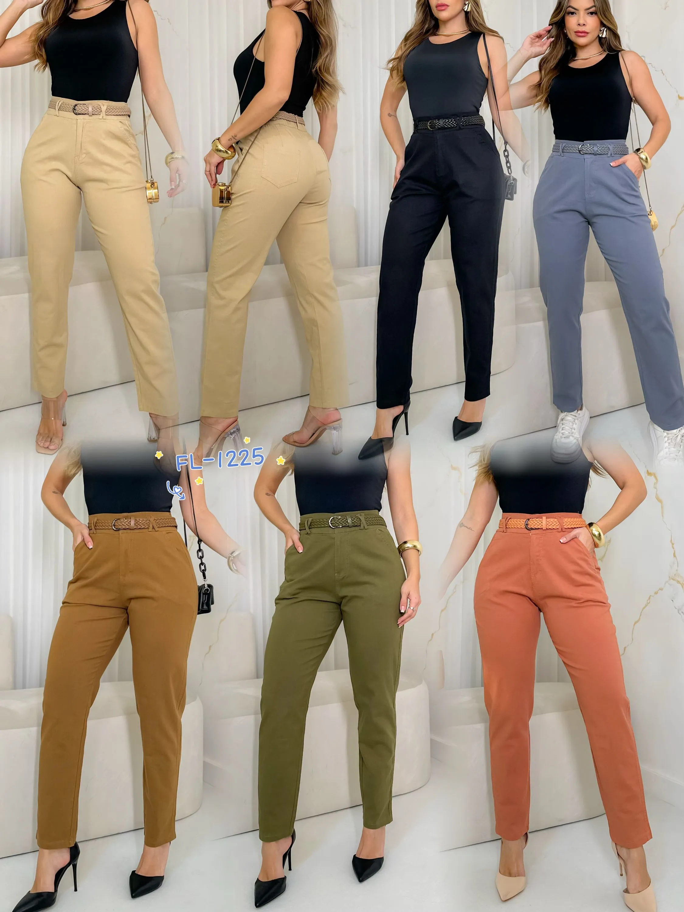 Calça de linho com elastano com cinto Flora 1225