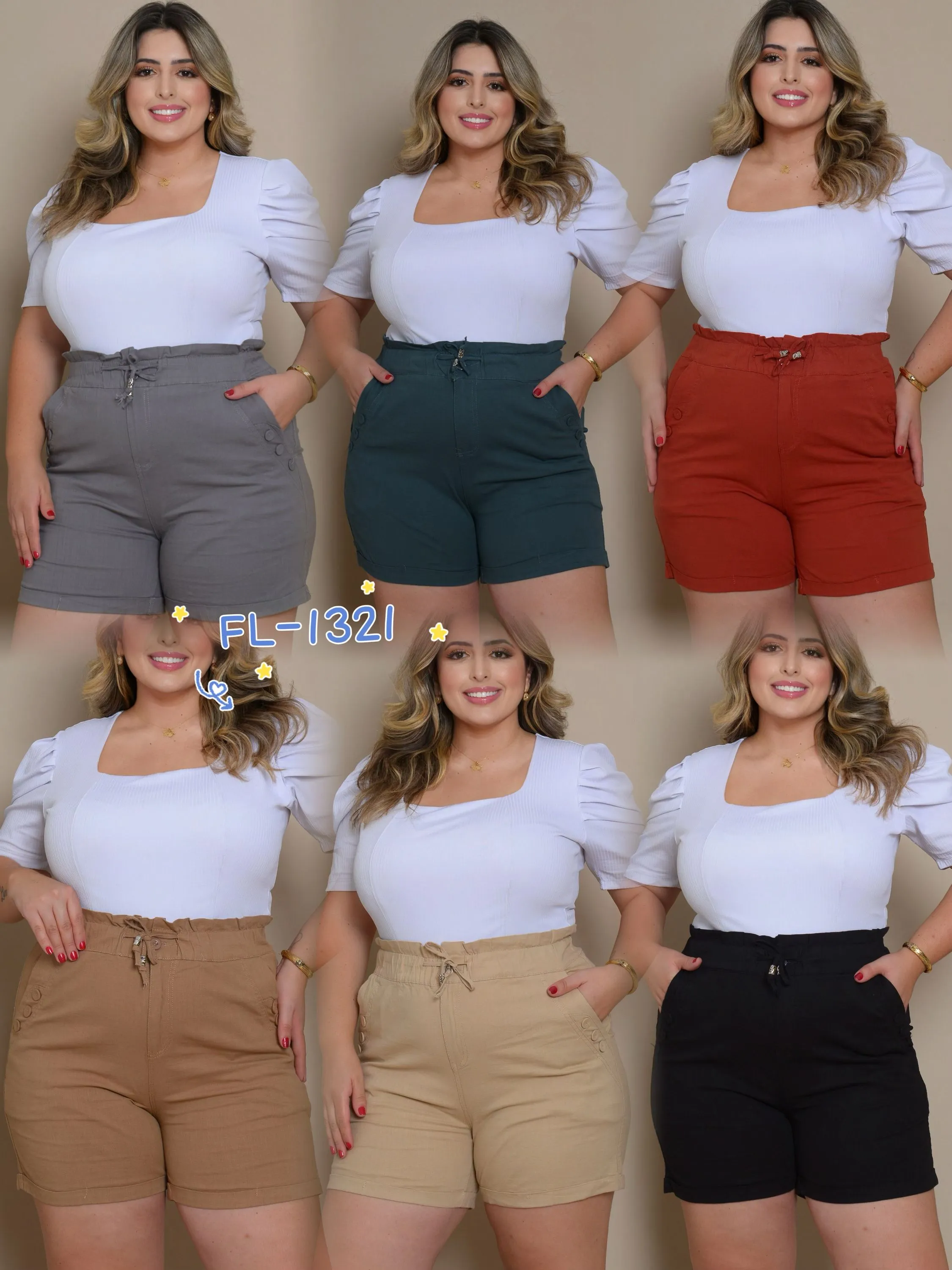 Short Plus Size de linho com elastano com zíper Flora 1321