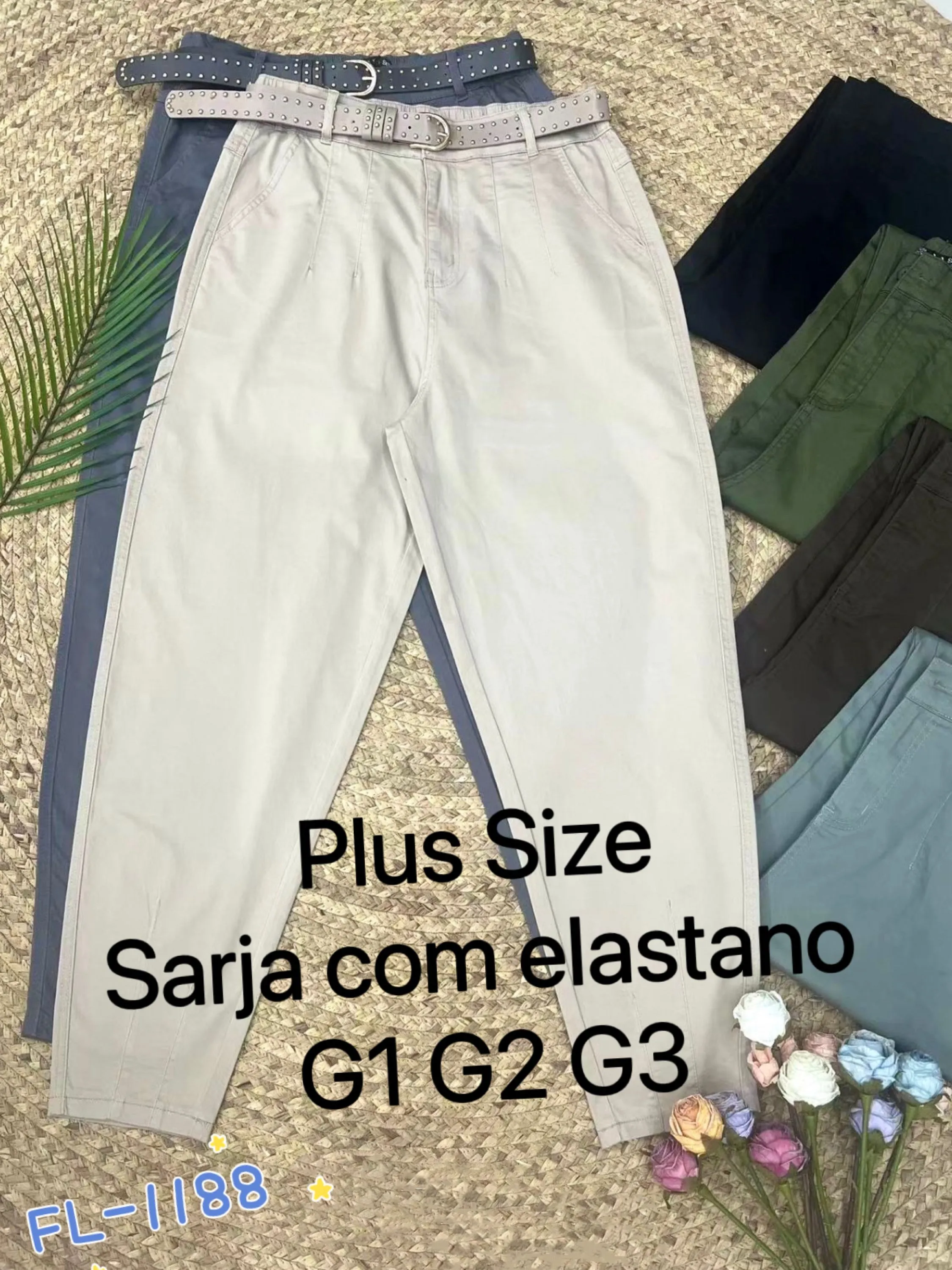 Plus Size Calça de sarja com elastano com cinto Flora 1188