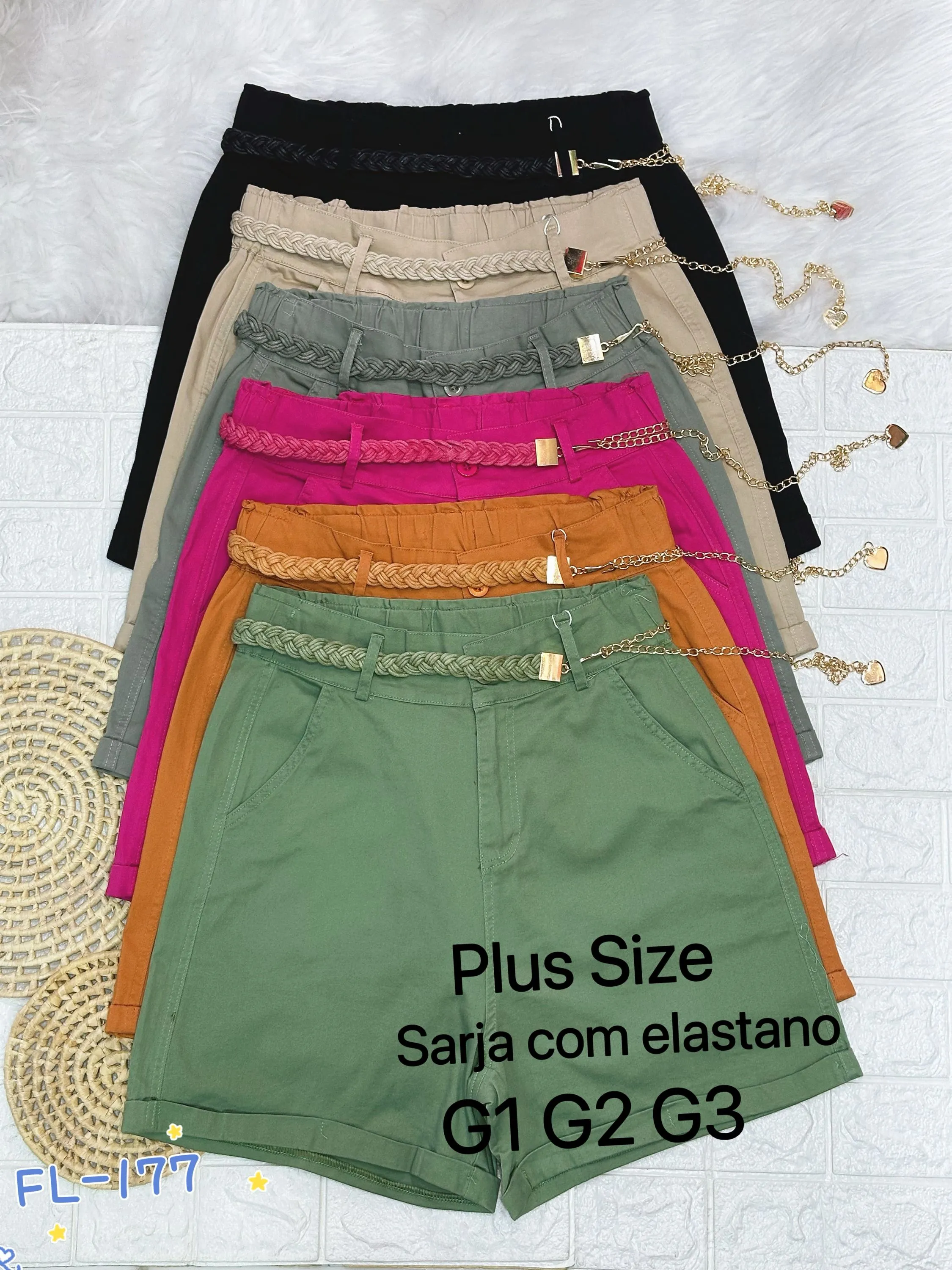 Plus Size short de sarja com elastano com cinto importado Flora 177