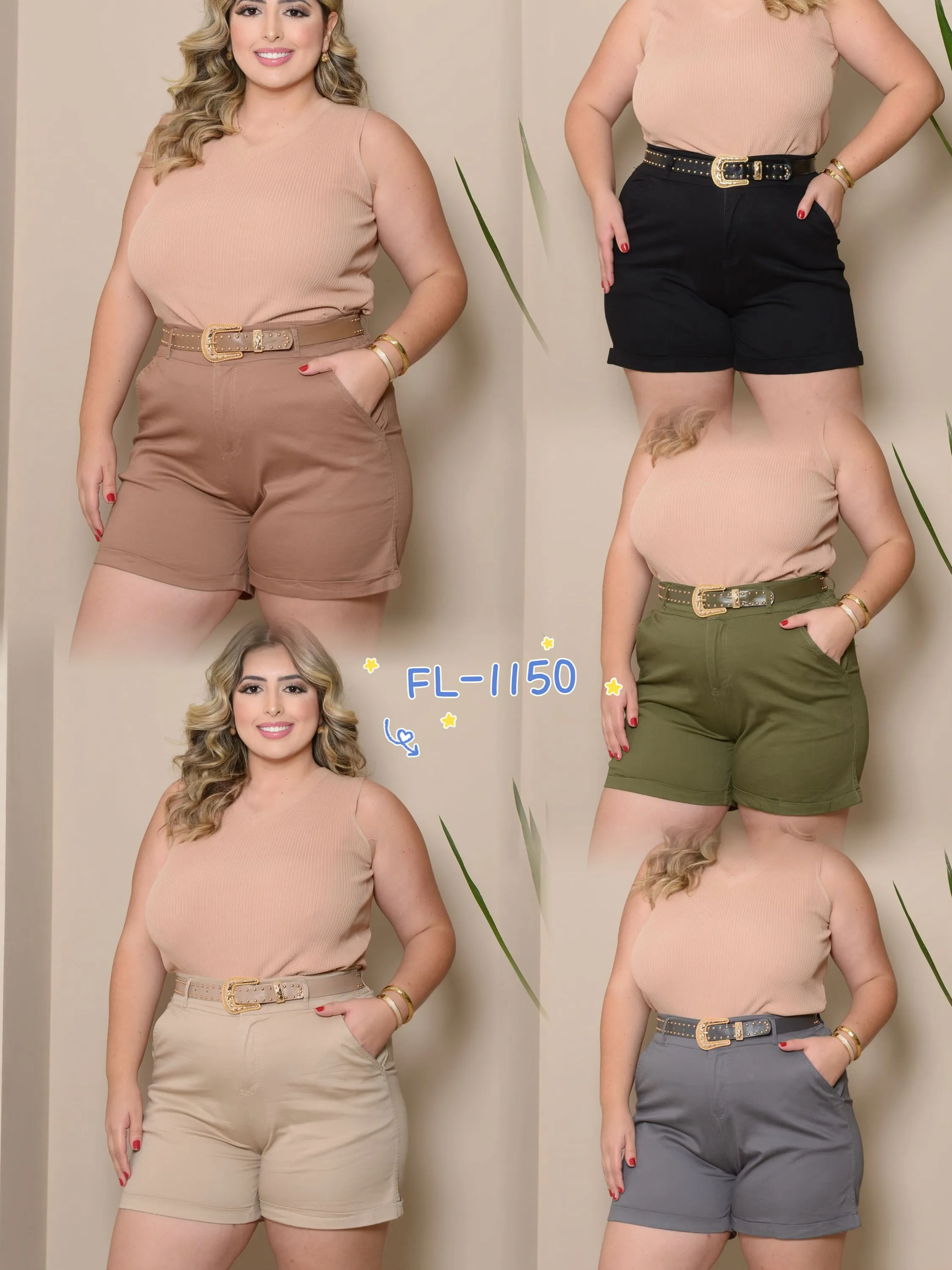 Short plus size de sarja com elastano com cinto Flora 1150