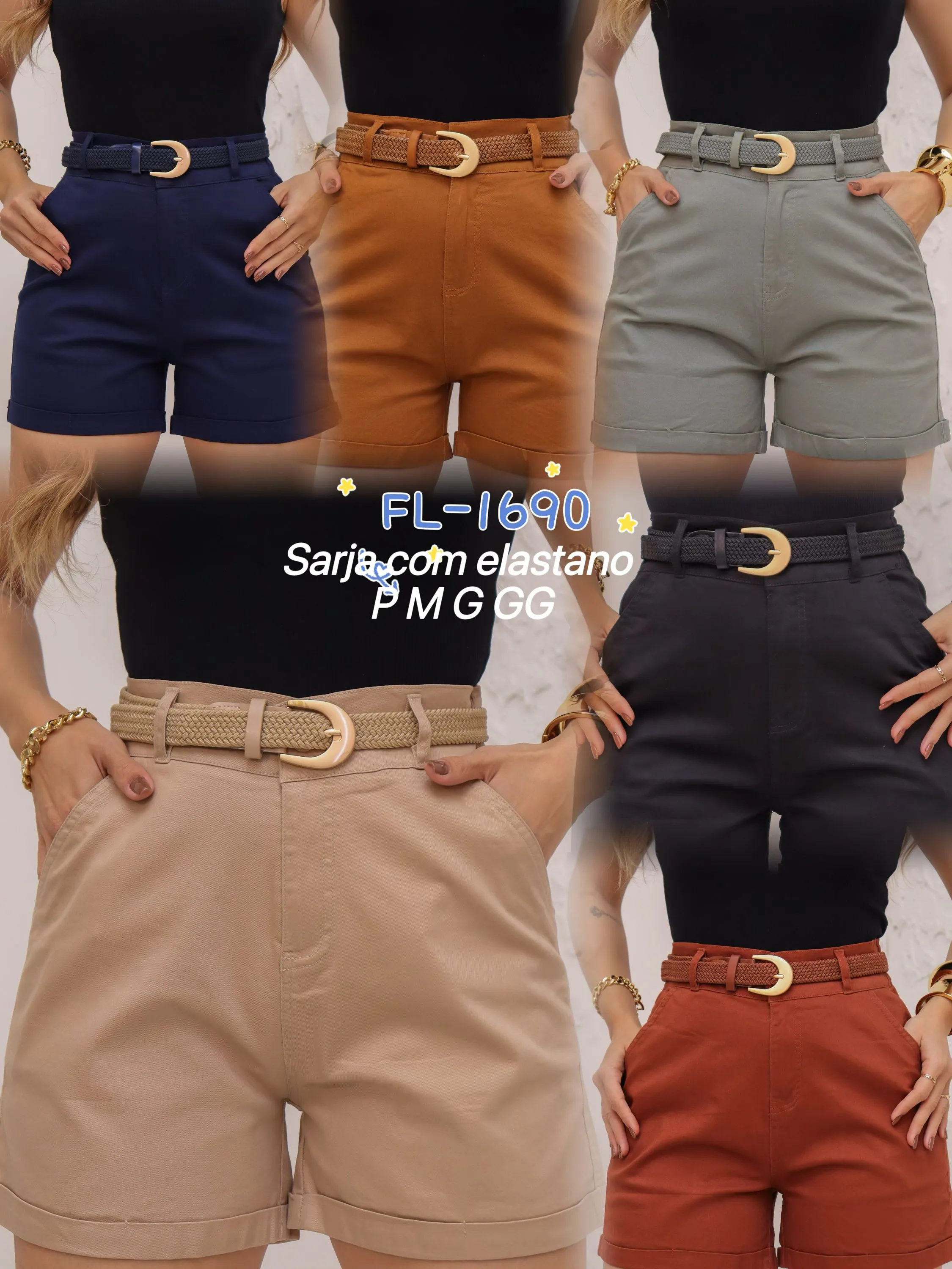 Short de sarja com elastano com cinto Flora 1690