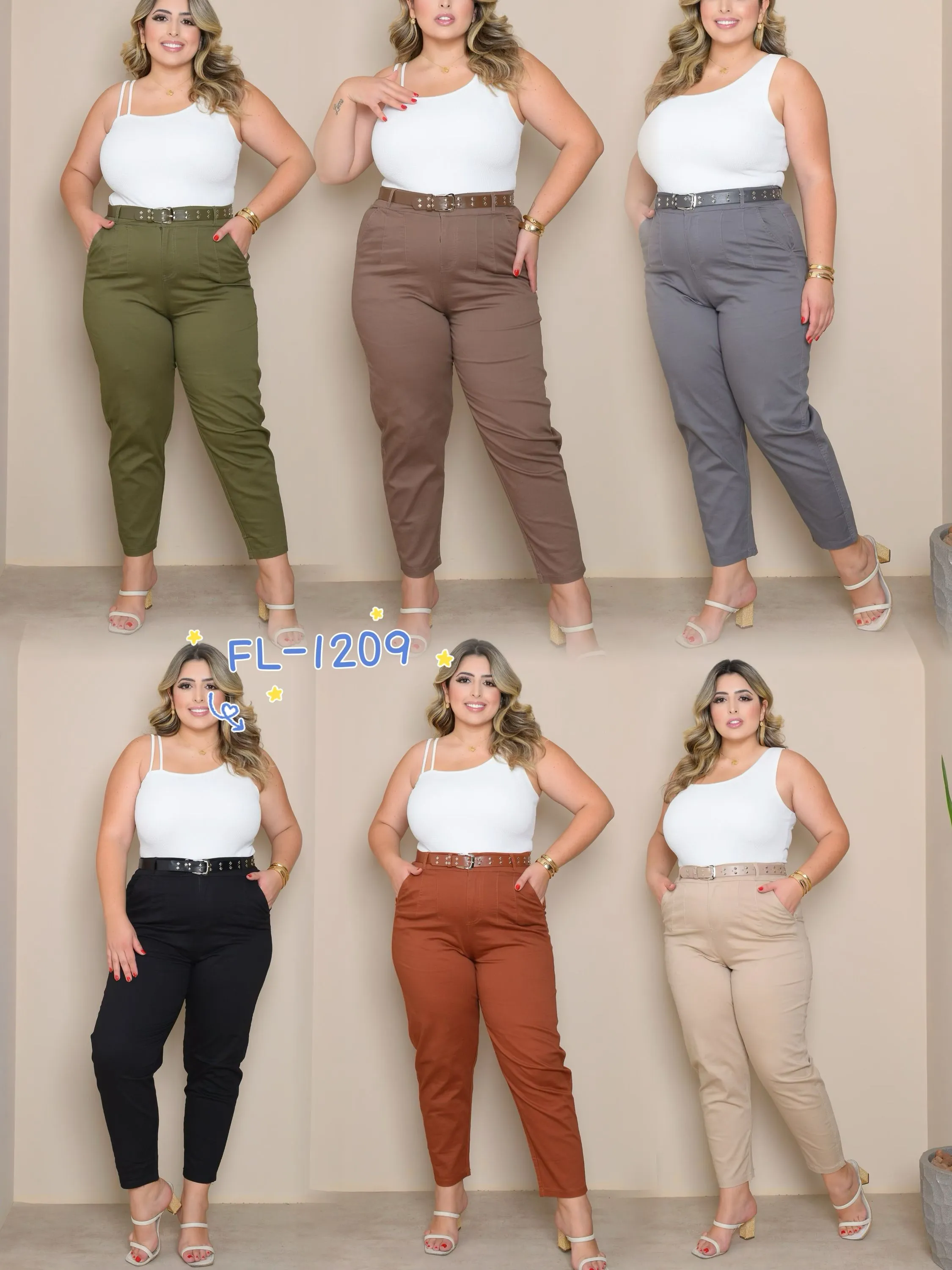 Plus Size Calça de sarja com elastano com cinto 1209