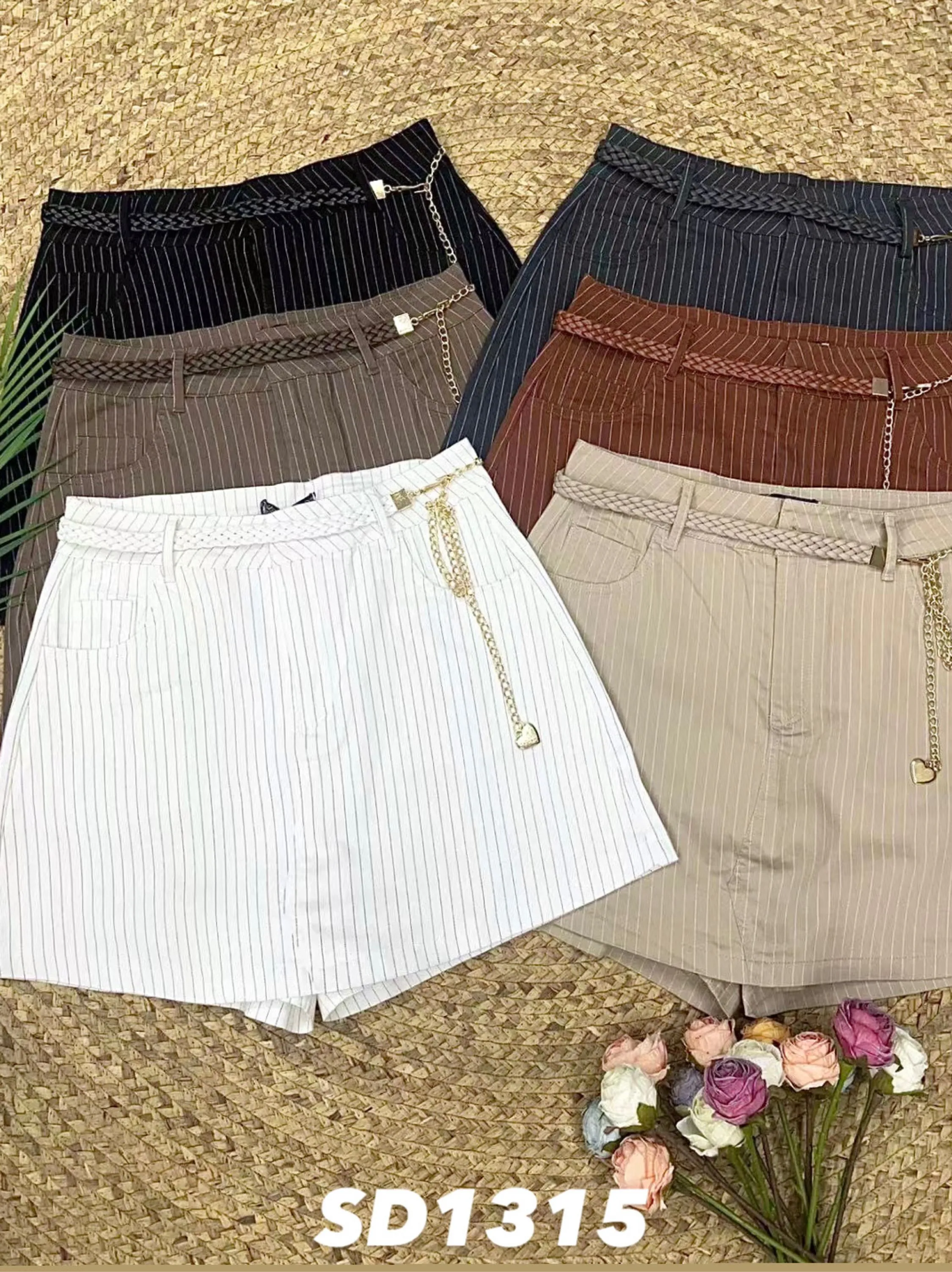 Short Saia -em sarja com elastano com cinto de listra importado Flora 1315