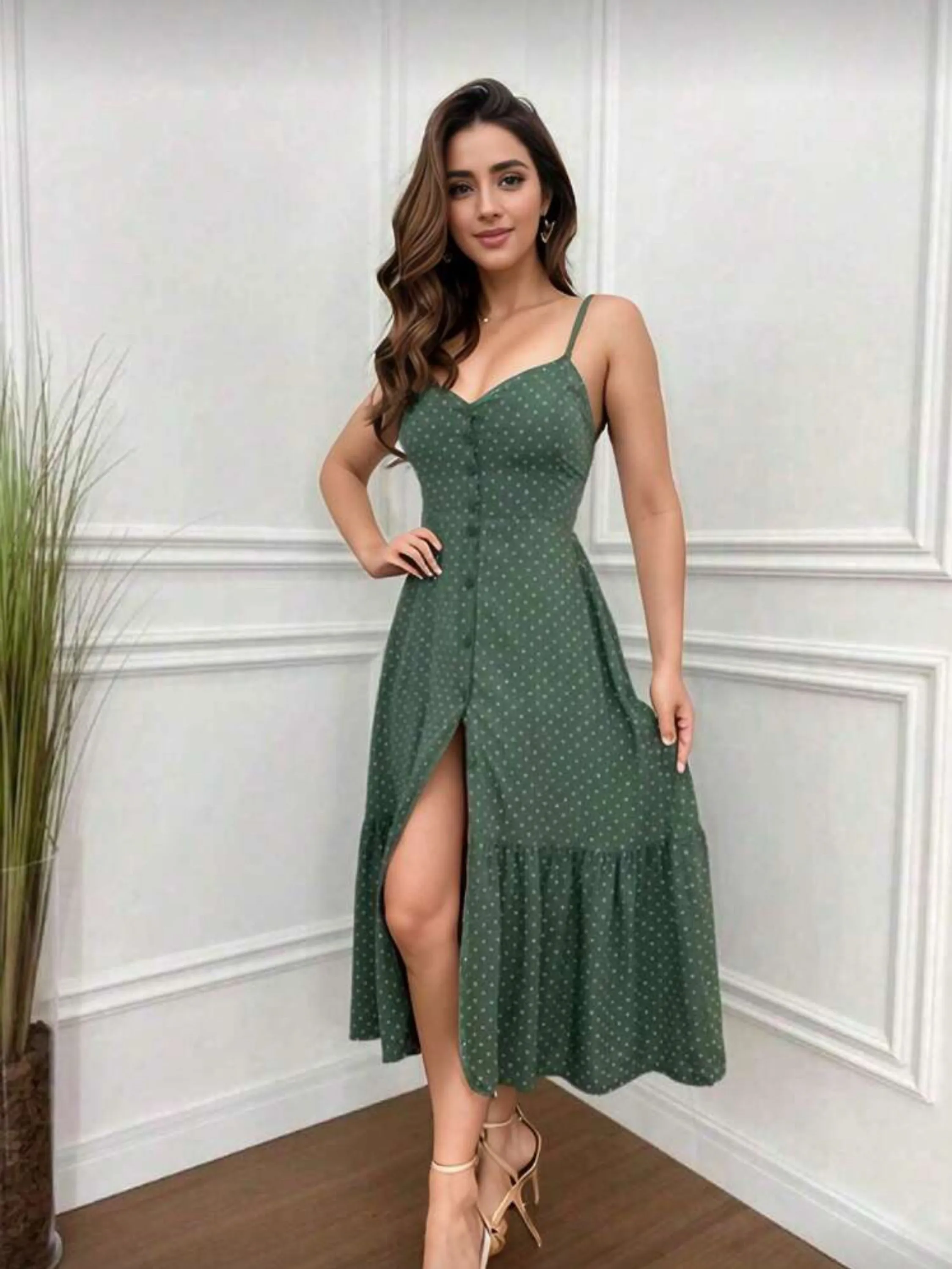 Vestido mídi de viscolinho de poa com bojo