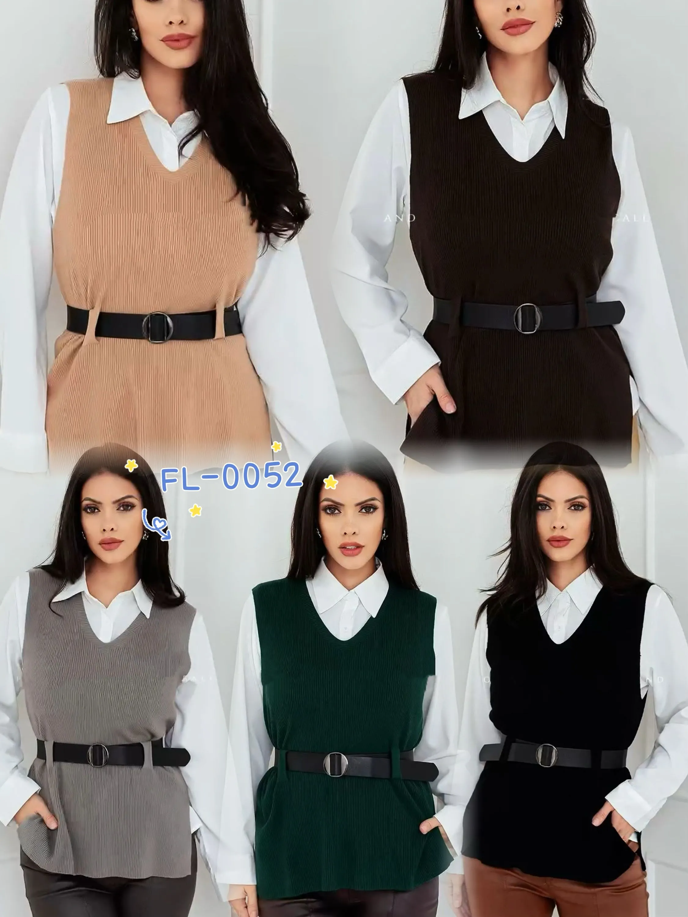 Blusa Conjunto camisa colete cinto modal de lã Flora 0052